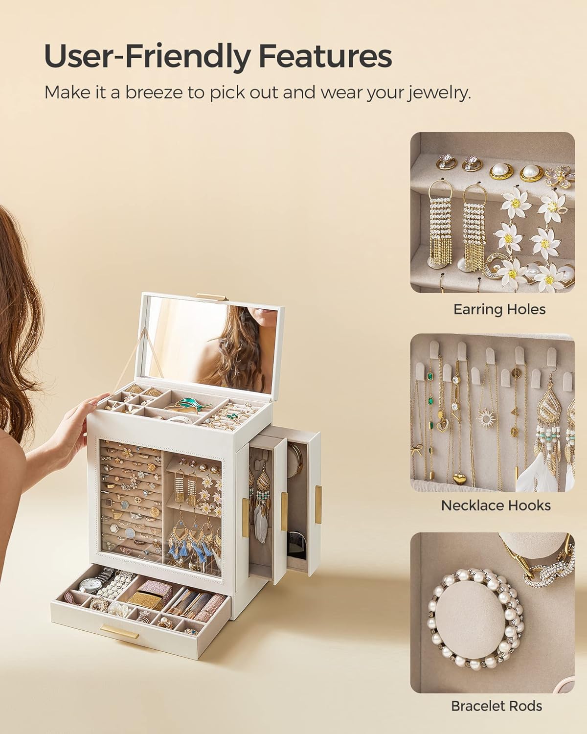 SONGMICS Jewelry Box with Glass Window, 5-Layer Jewelry Organizer with 3 Side Drawers, Jewelry Storage, with Big Mirror, Modern, 6.1 x 10.3 x 12.6 Inches, Cloud White and Metallic Gold UJBC162W01