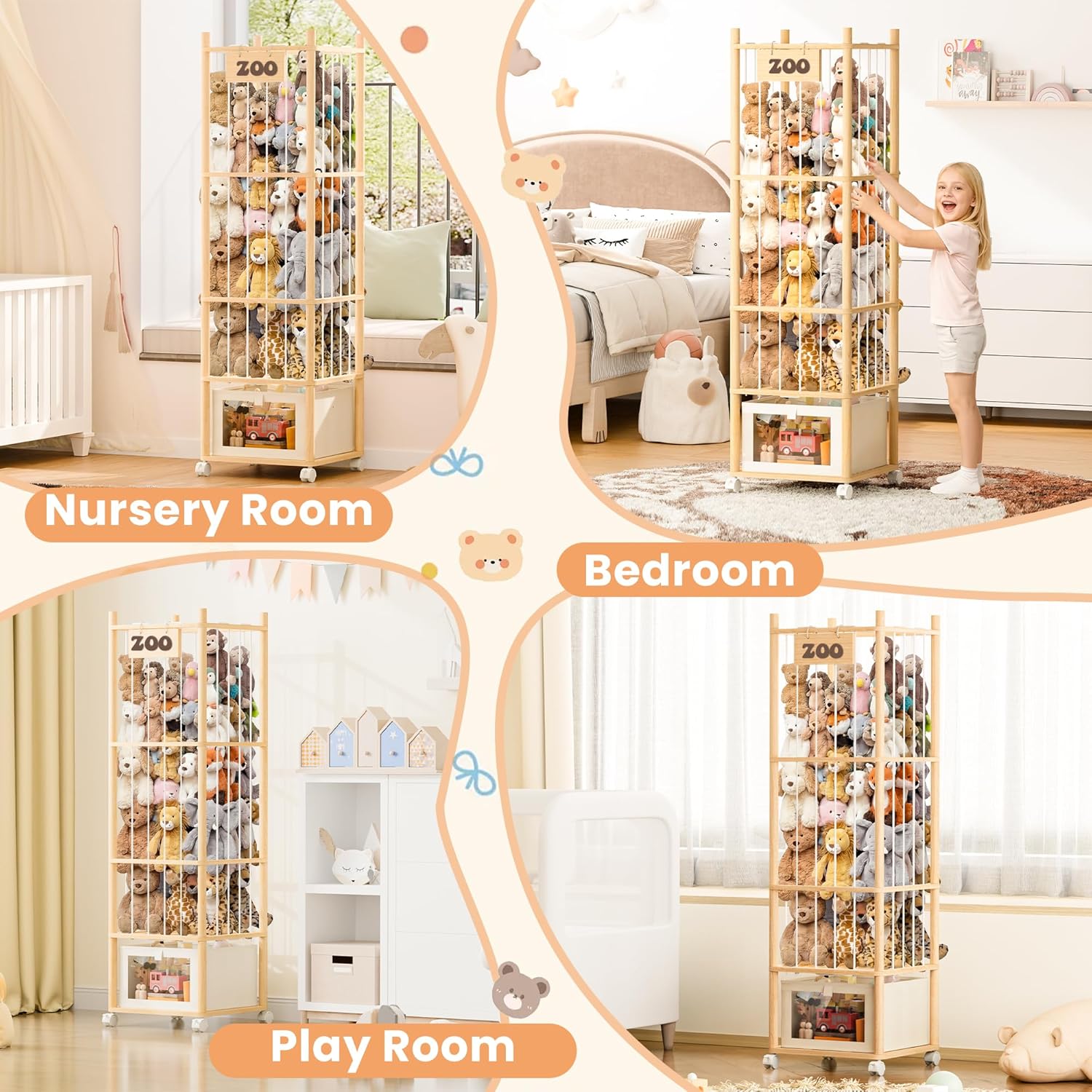 upsimples 58in Stuffed Animal Storage with Drawer and Wheels, Solid Wood Large Capacity Plushies Holder & Toy Organizer for Nursery, Kids Bedroom Corner and Play Room