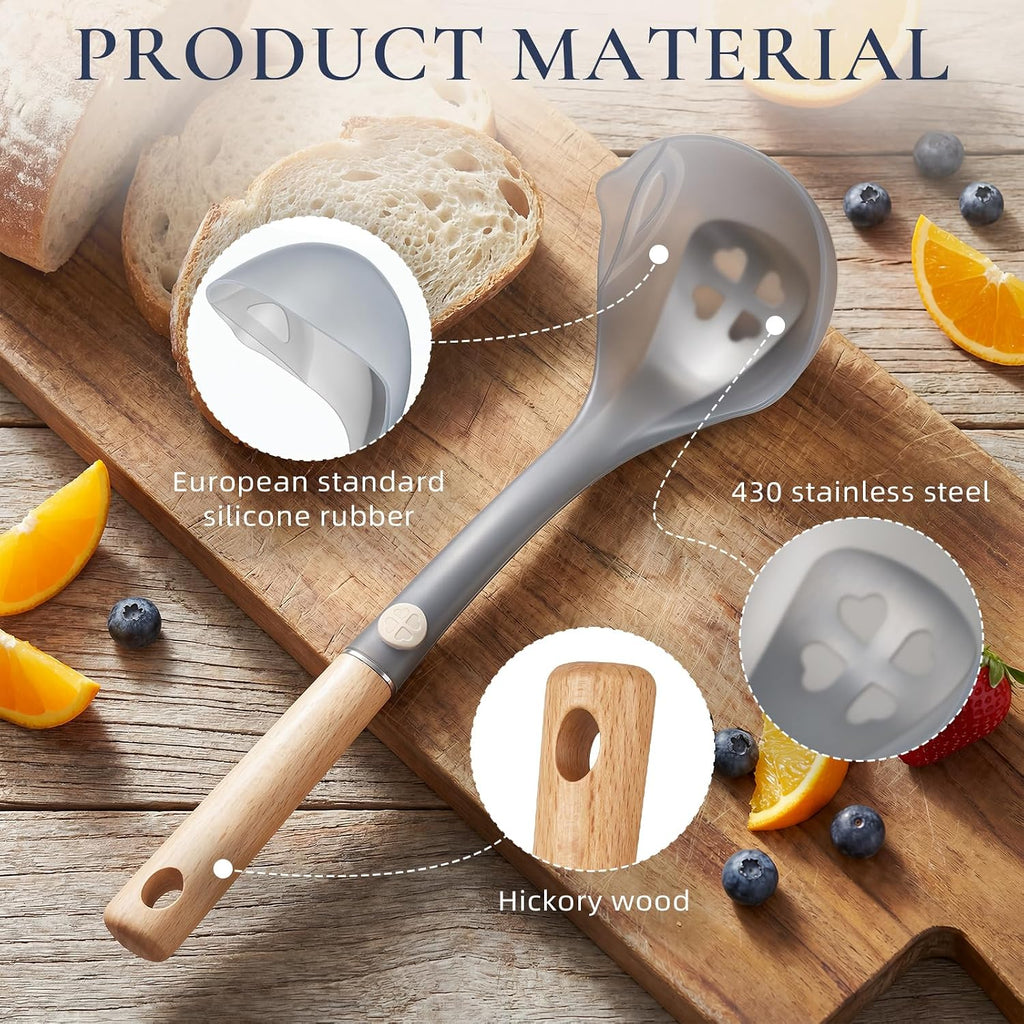Cooking Spoon and Rice Scooper,Soup spoon for Nonstick Cookwares,3 PIECE for Cooking and Serving Sturdy BPA-Free food grade Silicone,Wood Handle Spoon for Mixing,Scoop,and Scrape