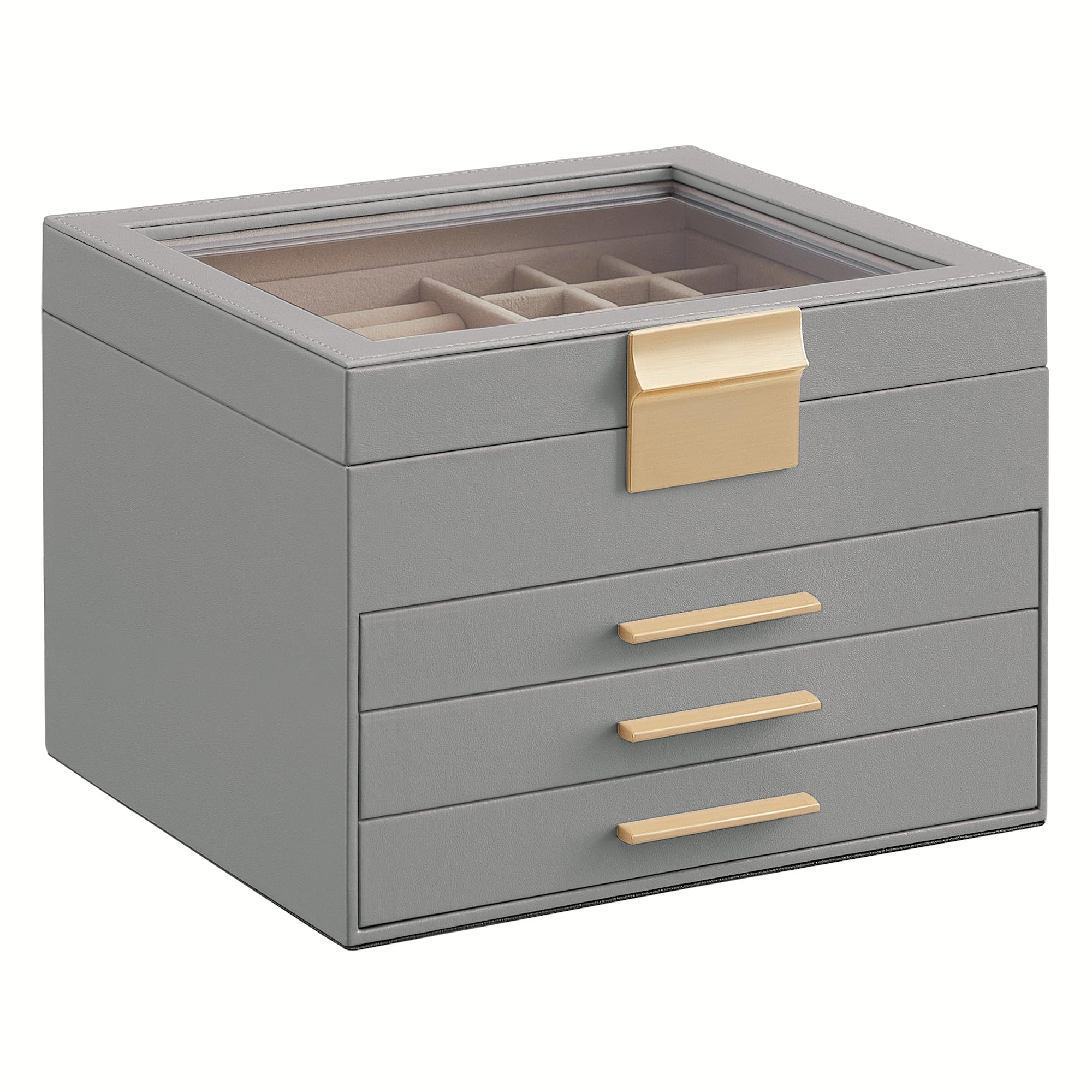 SONGMICS GISELLA Collection - Jewelry Box Organizer, 3-Layer Jewelry Storage with 2 Drawers, Shiny Metal Hardware, Glass Lid, Modern, 8 x 9.1 x 5.3 Inches, Cloud White and Gold Color UJBC239WT