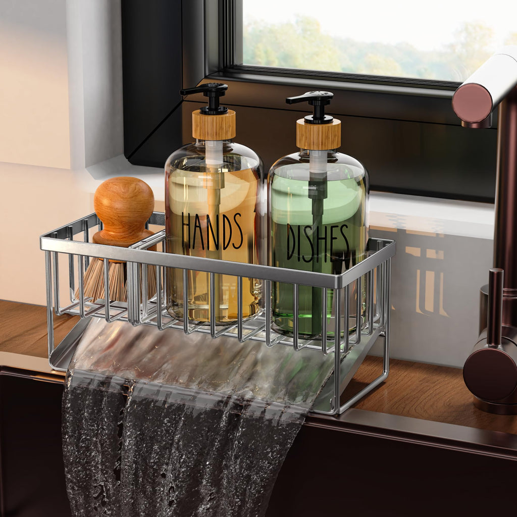 Cisily Kitchen Dish Soap Dispenser Set with 2 Pack 16.9oz Amber Glass Bottle and Sponge Holder, Dish Soap Dispensers with Adjustable Sponge Holder, Vintage Hand and Dish Soap Dispensers Set
