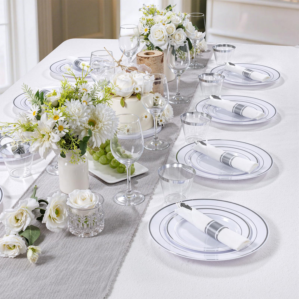 DaYammi 350PCS Gold Plastic Dinnerware Set for 50 Guests, Fancy Disposable Plates for Party, Include: 50 Dinner Plates, 50 Dessert Plates, 50 Pre Rolled Napkins with Gold Silverware, 50 Cups