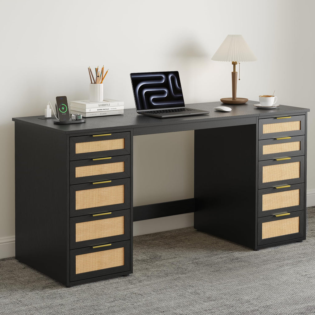 WOPITUES 60" Boho Home Office Desk with 10 Wooden Drawers, Rattan Computer Writing Desk with Power Outlets, Large Executive Desk with Storage Cabinet for Work Study Writing Craft, Black & Brown