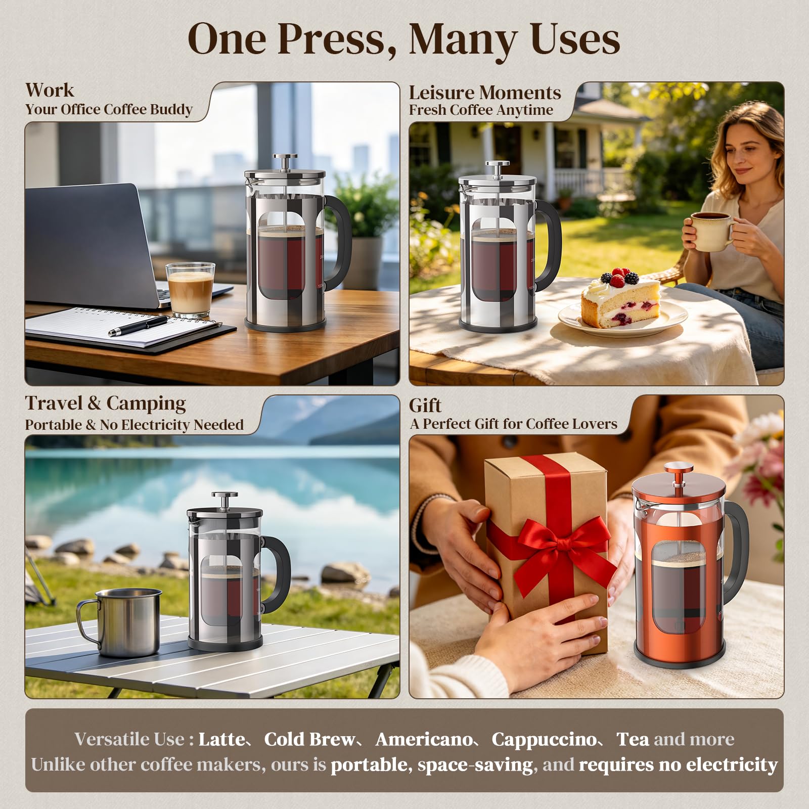 Veken French Press Coffee Maker 21oz 0.6 L, Single Serve Small Pot, Heat Resistant Thickened Borosilicate Glass, Stainless Steel Brewer, Cold Brew Cafetera Teapot for Kitchen Travel Camping, Copper