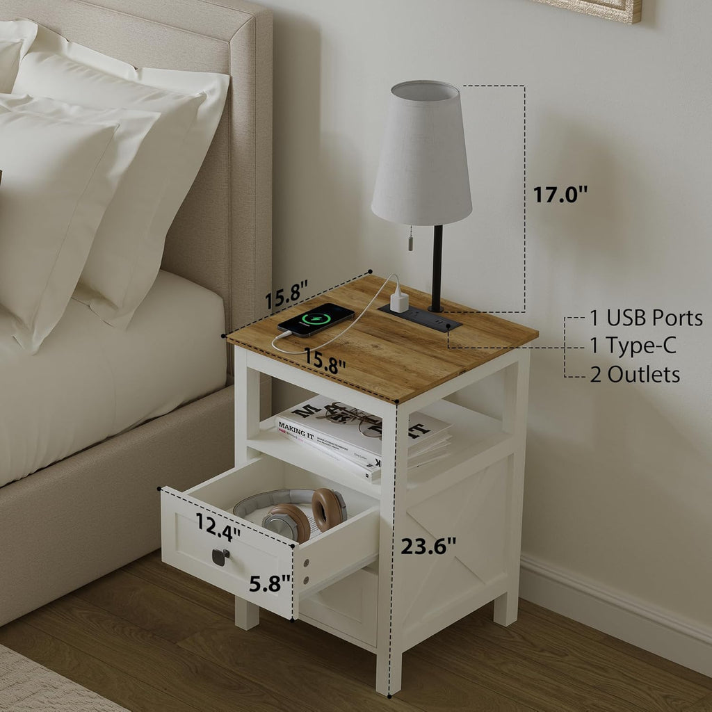 WOPITUES Nightstand with Charging Station, Farmhouse Night Stand with Drawers, Bedside Table, End Table for Bedroom, Living Room, Rustic White & Rustic Brown