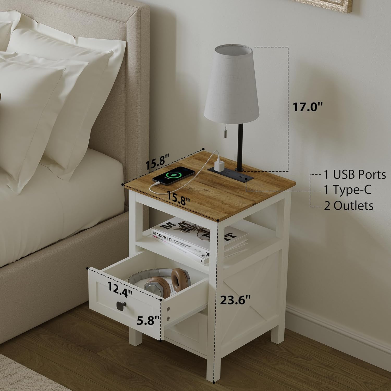 WOPITUES Nightstand with Charging Station, Farmhouse Night Stand with Drawers, Bedside Table, End Table for Bedroom, Living Room, Rustic White & Rustic Brown