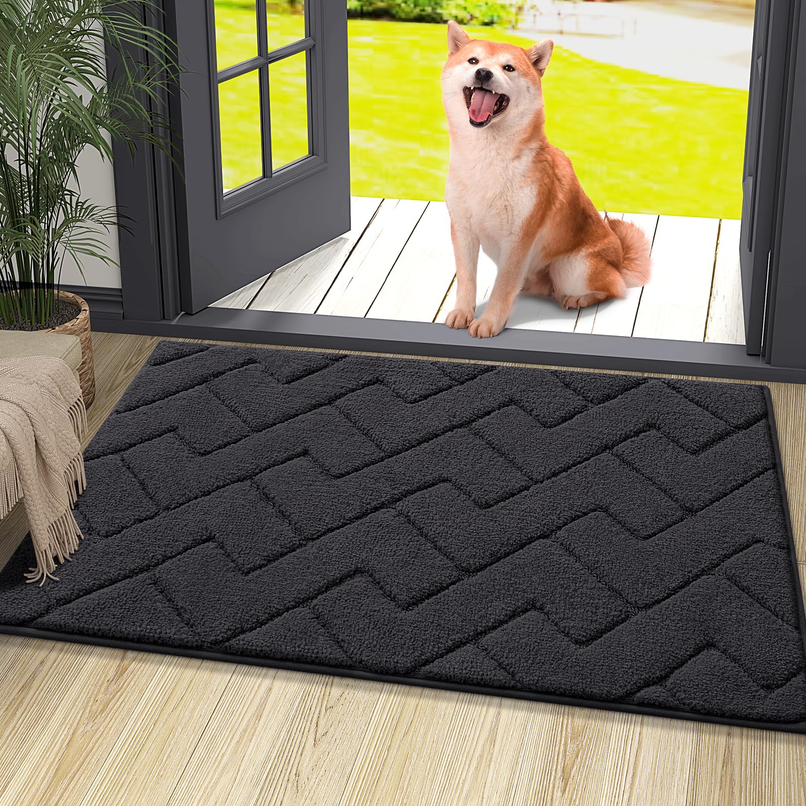 OLANLY Indoor Door Mat, 32x20, Dirt Resistant and Absorbent, Sturdy Non-Slip Rubber Backing, Easy to Clean, Washable Low-Profile Doormat for Entryway, Grey