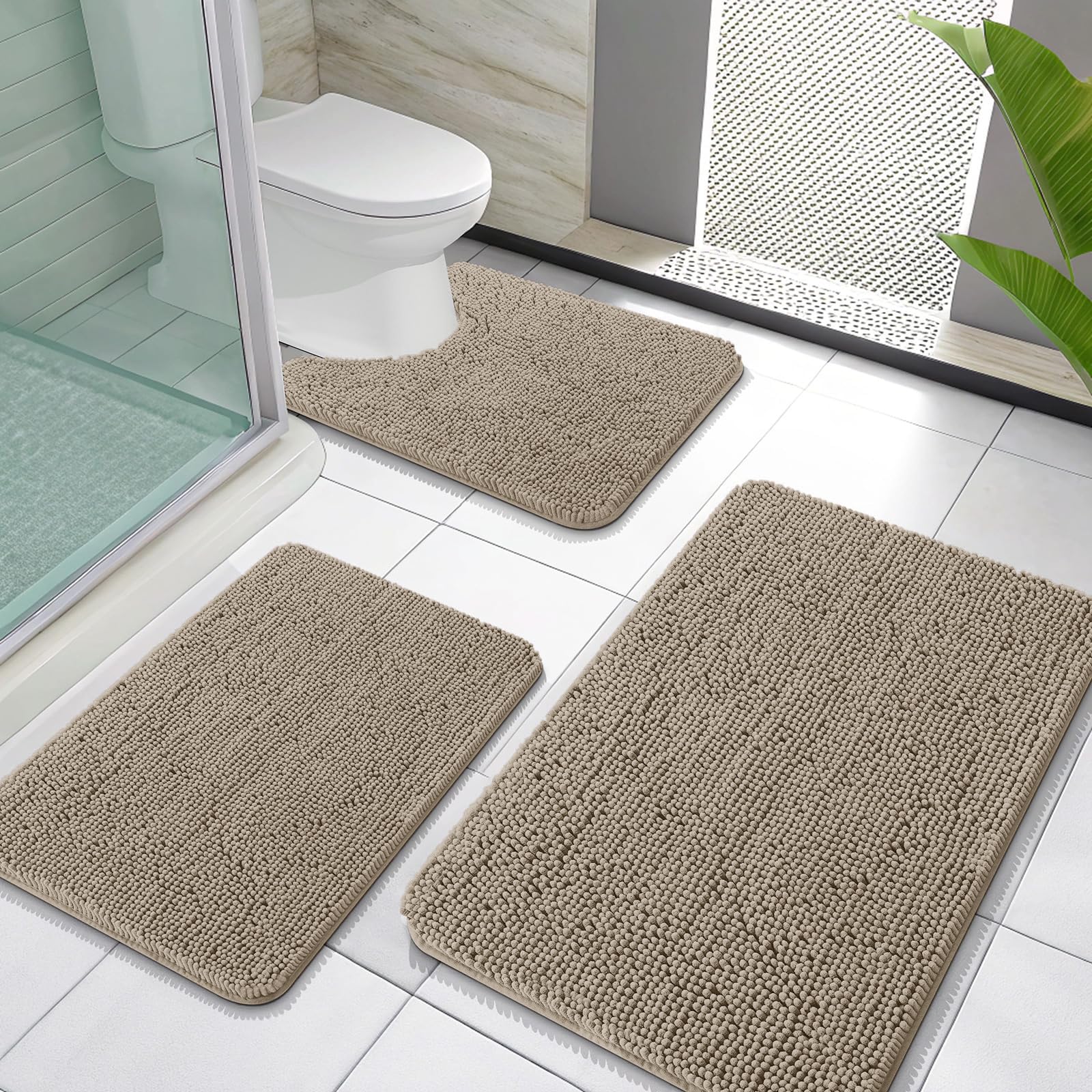 OLANLY Bathroom Rugs Sets 3 Piece, Soft Absorbent Chenille Bath Mats and U-Shaped Contour Toilet Rug, Quick Dry, Home Decor Accessories, Bath Mat Set for Bathroom (30"x20"+24"x16"+24"x20", Grey)