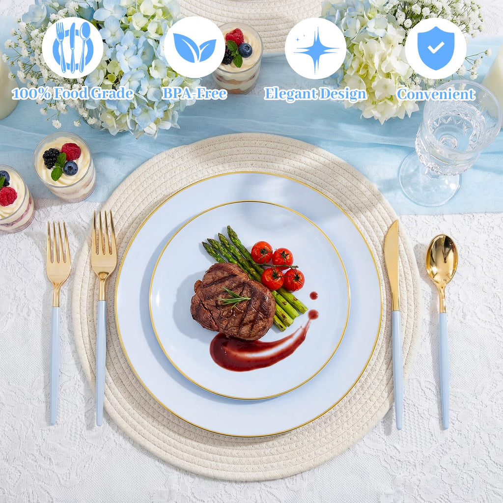 DaYammi 150Pcs Gold Plastic Plates with Disposable Silverware,White Gold Disposable Dinnerware Set - 30 Dinner Plate,30 Dessert Plate,90 Gold Cutlery with White Handles,Fancy Plates for Party Wedding