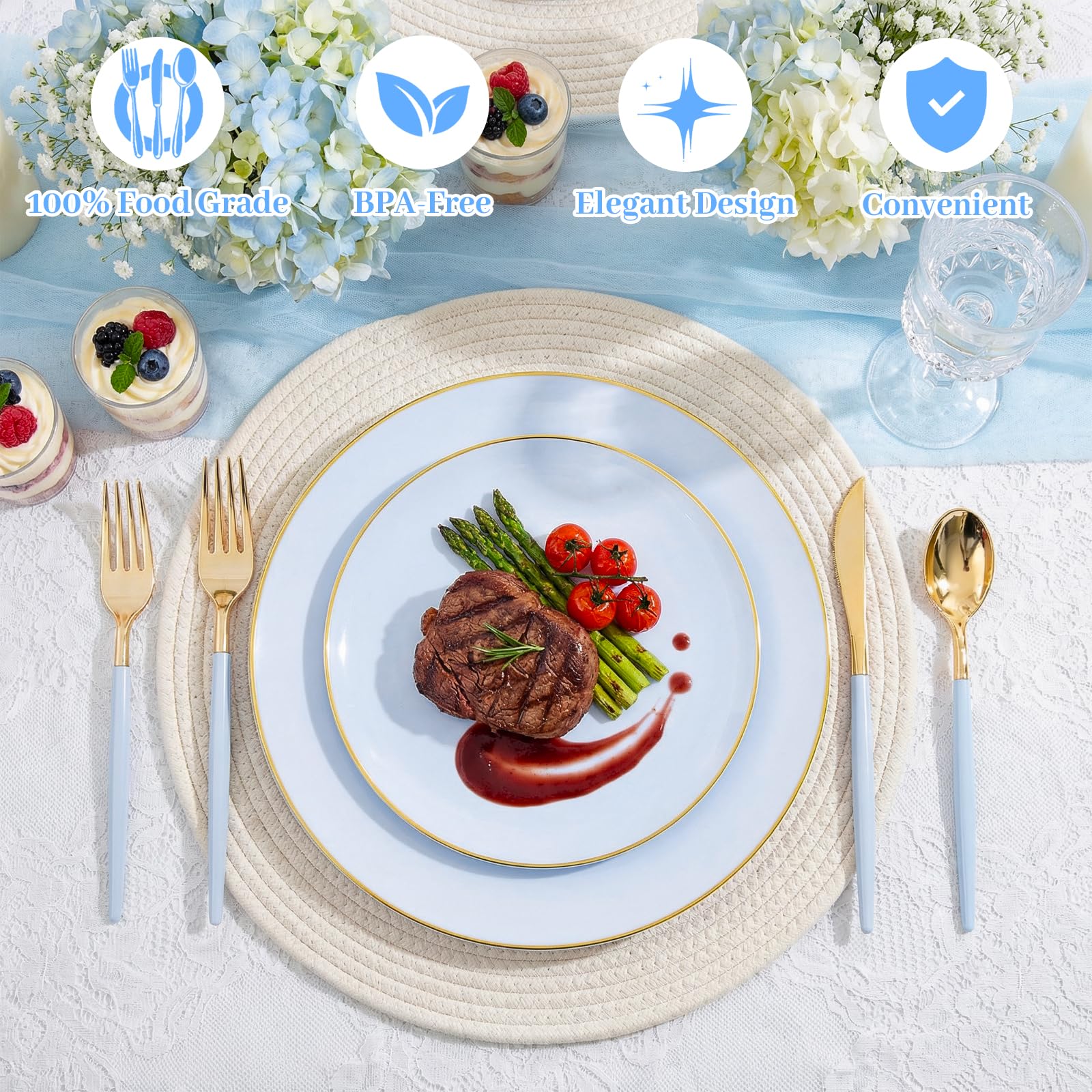 DaYammi 150Pcs Gold Plastic Plates with Disposable Silverware,White Gold Disposable Dinnerware Set - 30 Dinner Plate,30 Dessert Plate,90 Gold Cutlery with White Handles,Fancy Plates for Party Wedding