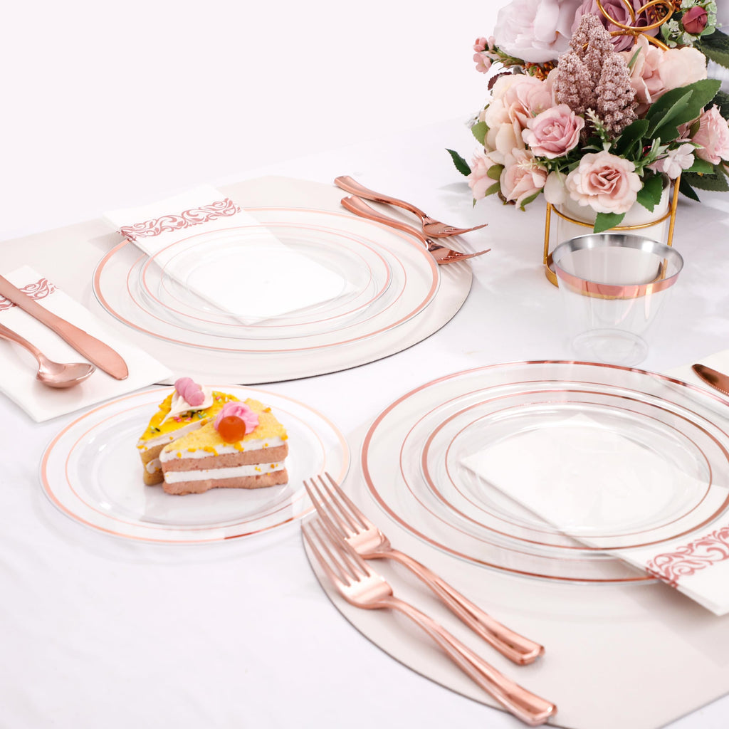 DaYammi 350PCS Gold Plastic Dinnerware Set for 50 Guests, Fancy Disposable Plates for Party, Include: 50 Dinner Plates, 50 Dessert Plates, 50 Pre Rolled Napkins with Gold Silverware, 50 Cups