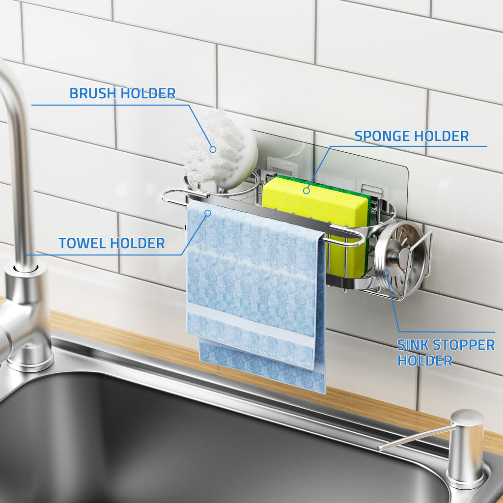 Cisily Organizador de Fregadero de Cocina con Soporte para Esponja en el Fregadero, Organizador de Fregadero de Cocina de Acero Inoxidable, Soporte para Cepillo, Percha para Paños de Platos, Soporte