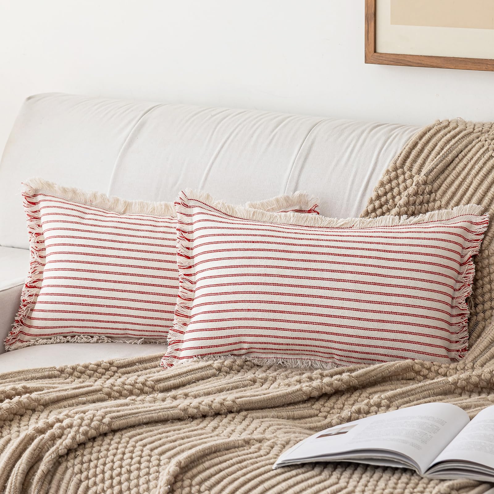 YEENAASY Throw Pillow Covers 20x20 Set of 2 Striped Fringe Pillow Cover Farmhouse Cushion Covers with Tassel Neutral Boho Pillows Decorative Square Pillowcase for Couch Sofa Bed, Black