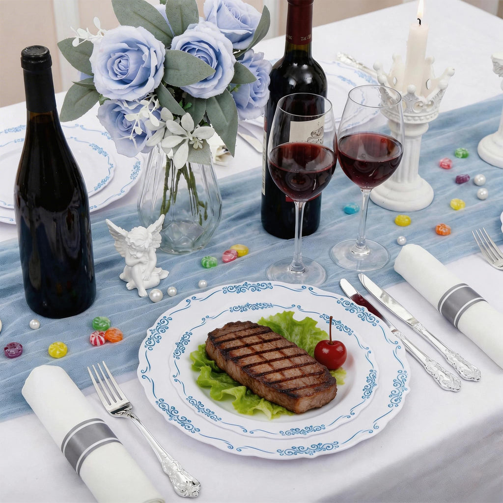 DaYammi 60PCS Blue and White Plastic Plates Blue Rim White Disposable Plates Blue White Party plates Include:30 Plastic Dinner Plate 30 Dessert plate and Wedding & Party Dining