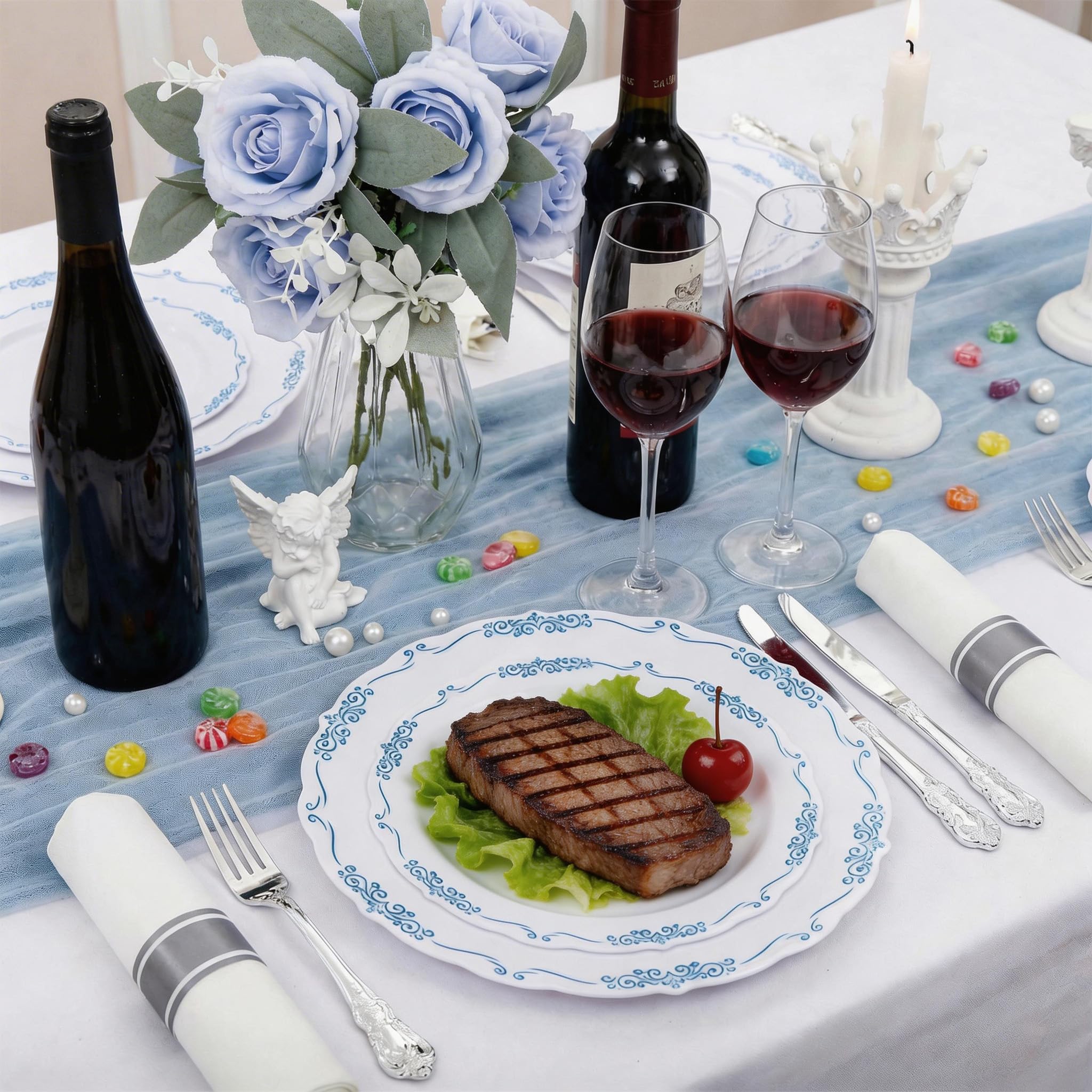 DaYammi 60PCS Blue and White Plastic Plates Blue Rim White Disposable Plates Blue White Party plates Include:30 Plastic Dinner Plate 30 Dessert plate and Wedding & Party Dining