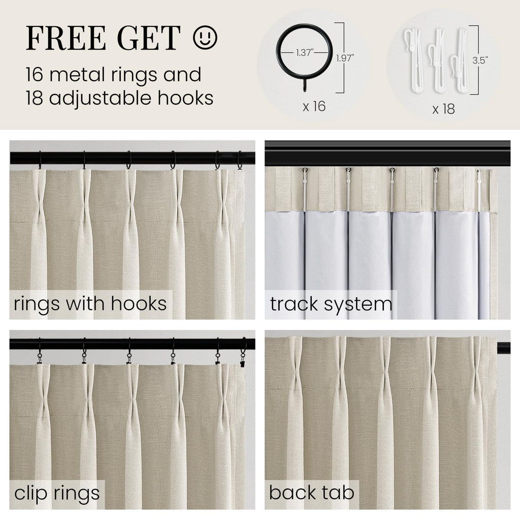 Topfinel 84 Inch Long Natural Blackout Curtains for Bedroom Livingroom, Farmhouse Back Tab Pinch Pleated Drapes for Track System,Neutral Linen Ambiance & Privacy Drapes Natural 52" W*84" L