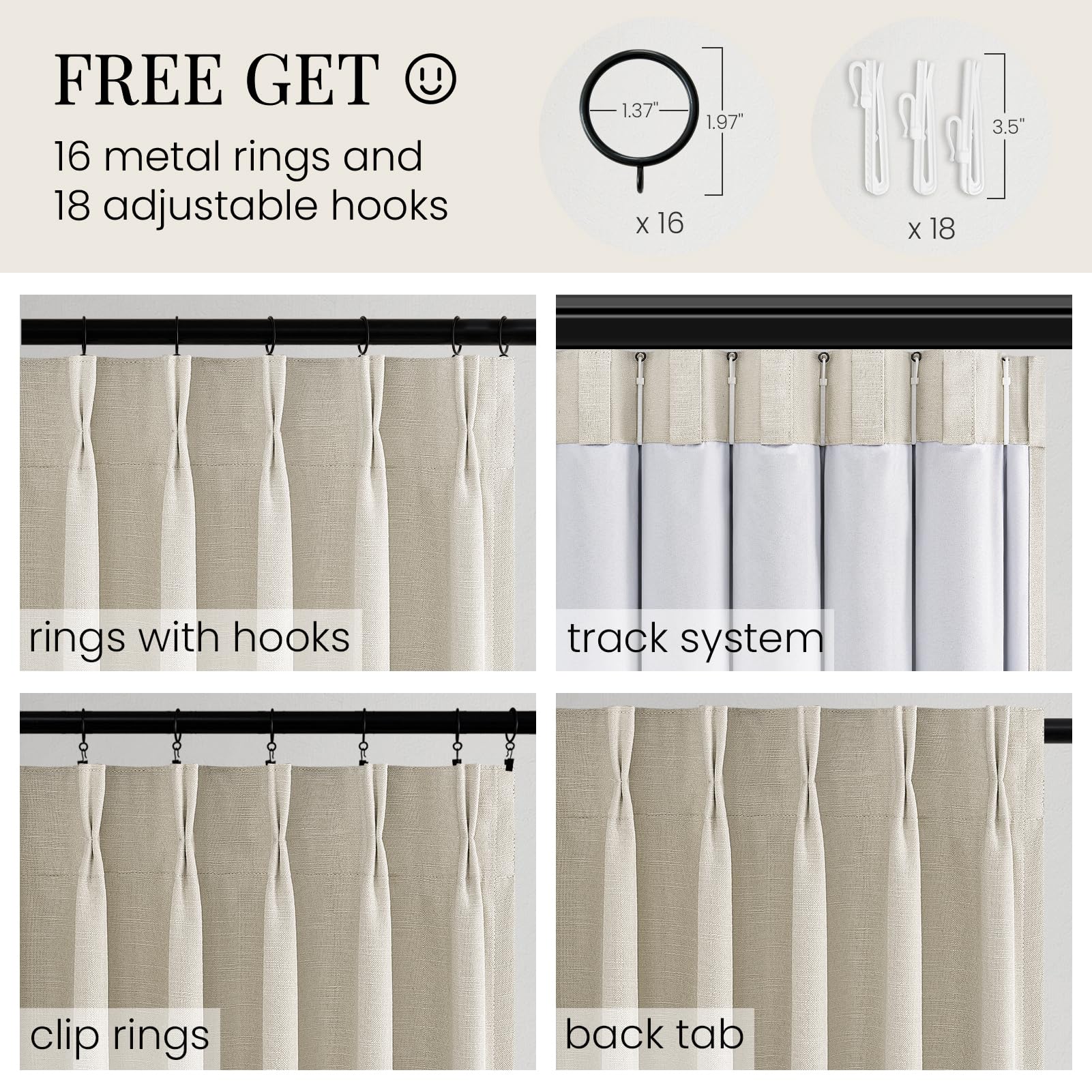 Topfinel 84 Inch Long Natural Blackout Curtains for Bedroom Livingroom, Farmhouse Back Tab Pinch Pleated Drapes for Track System,Neutral Linen Ambiance & Privacy Drapes Natural 52" W*84" L