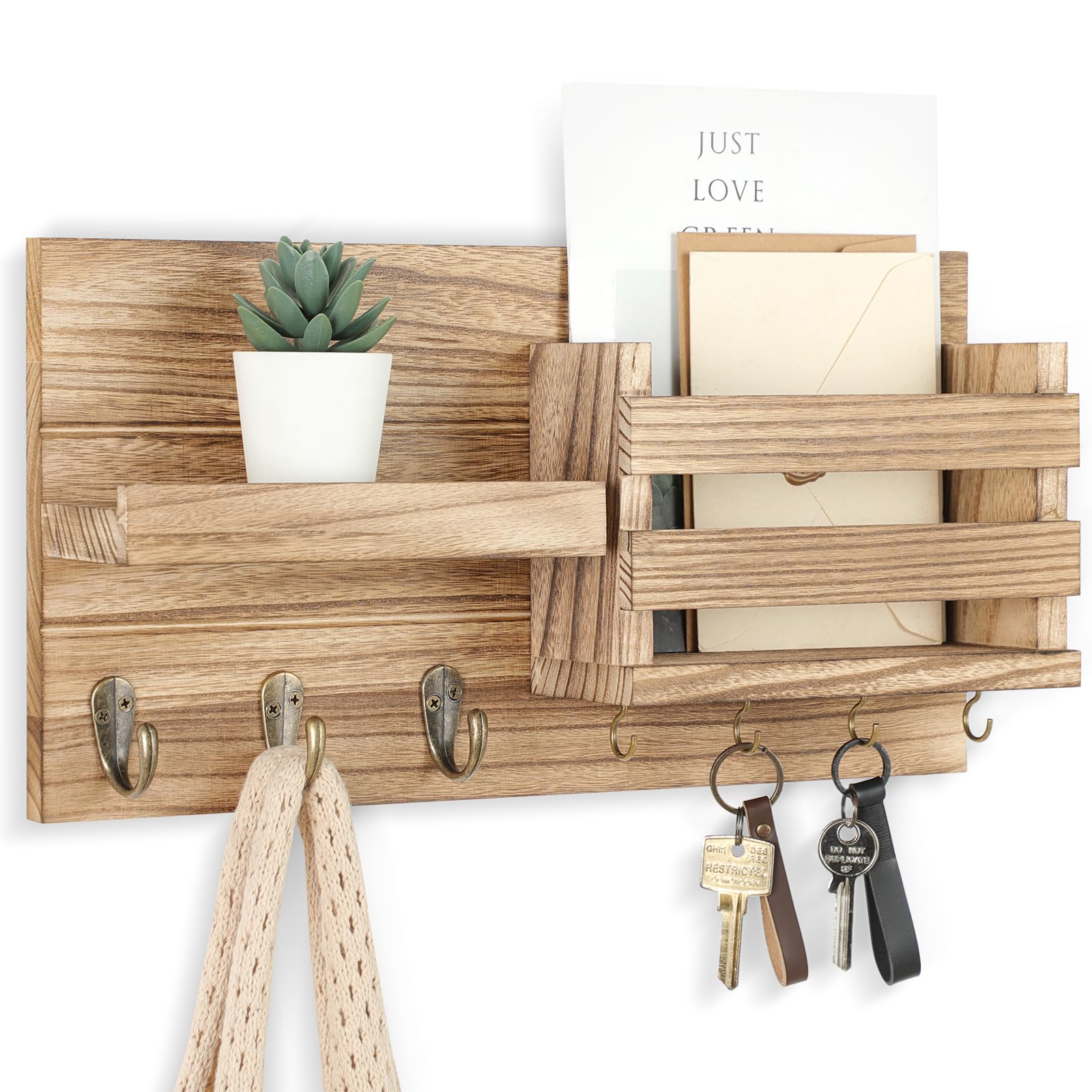 Mail Organizer for Wall Mount – Key Holder with Shelf Includes Letter Holder and Hooks for Coats, Dog Leashes – Rustic Wood with Flush Mounting Hardware (16.5” x 8.7” x 3.5”)