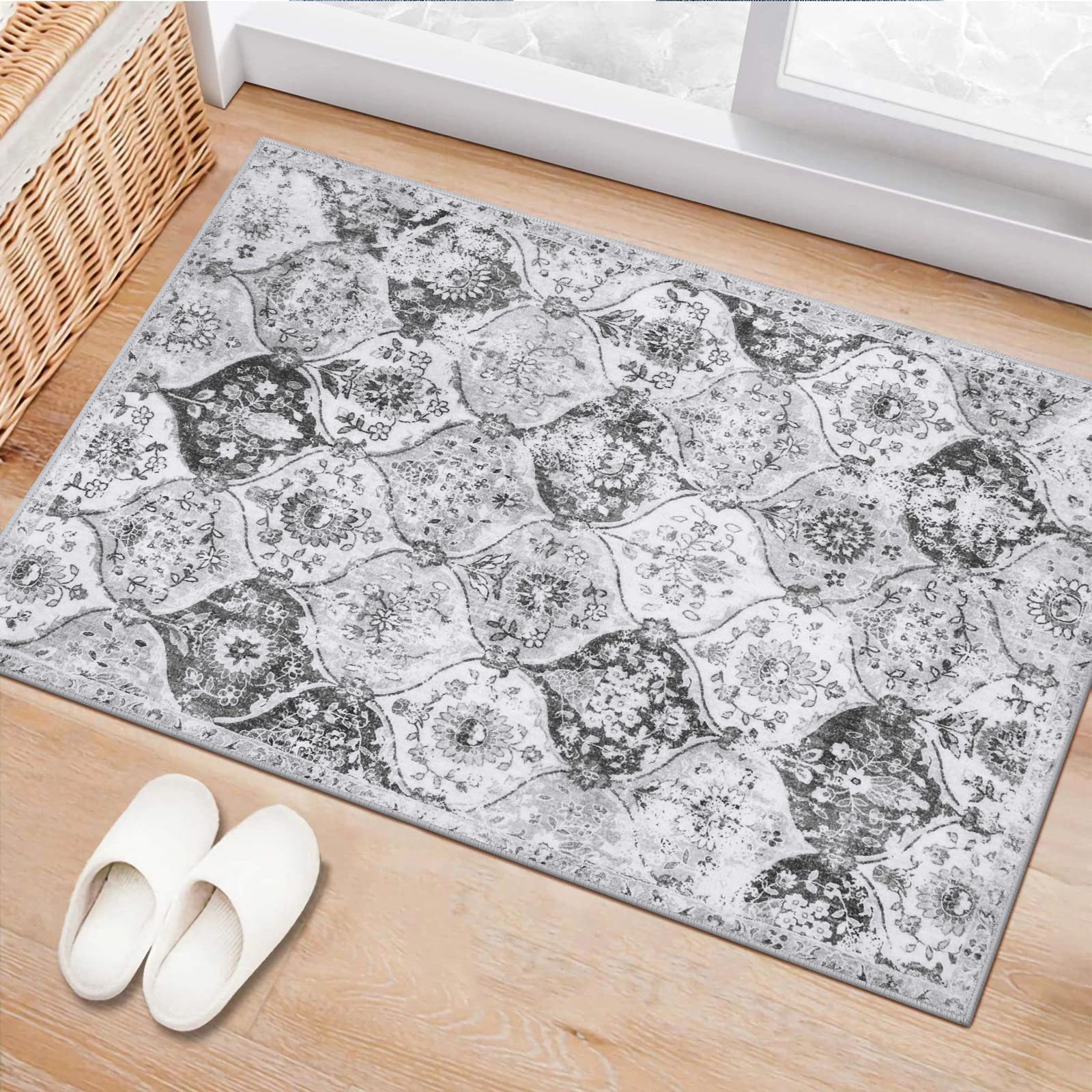 Lahome Moroccan Trellis Washable Rug, 2x3 Kitchen Rugs for Entryway Bathroom, Non-Slip Indoor Door Mat Ultra-Thin, Small Oriental Throw Carpet for Bedroom Entry Elise, Cream/Multi