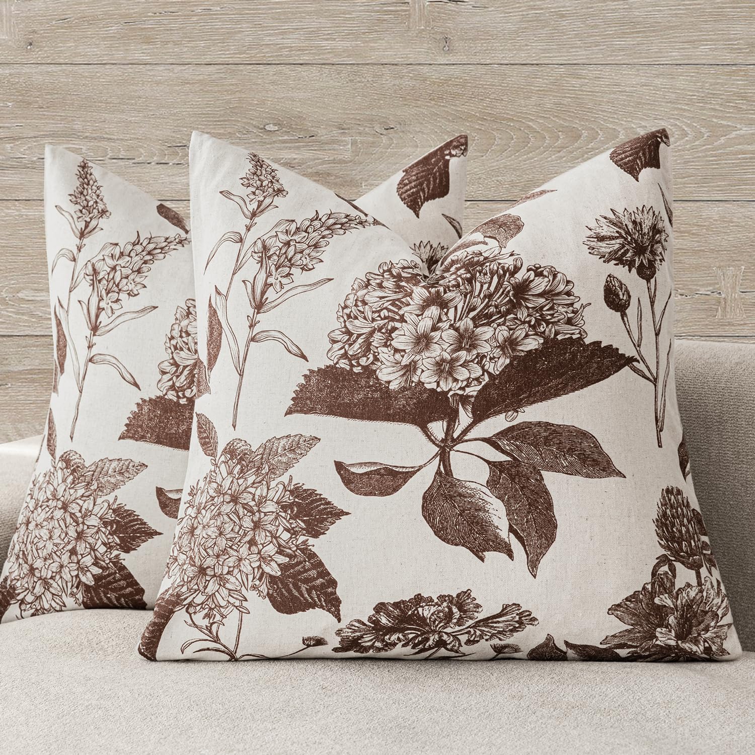 Foindtower Set of 2 Linen Floral Vintage Throw Pillow Covers Neutral Accent Print Decorative Cushion Covers Farmhouse Boho Home Decor for Sofa Chair Couch Bedroom Living Room,18×18 Inch,Blue