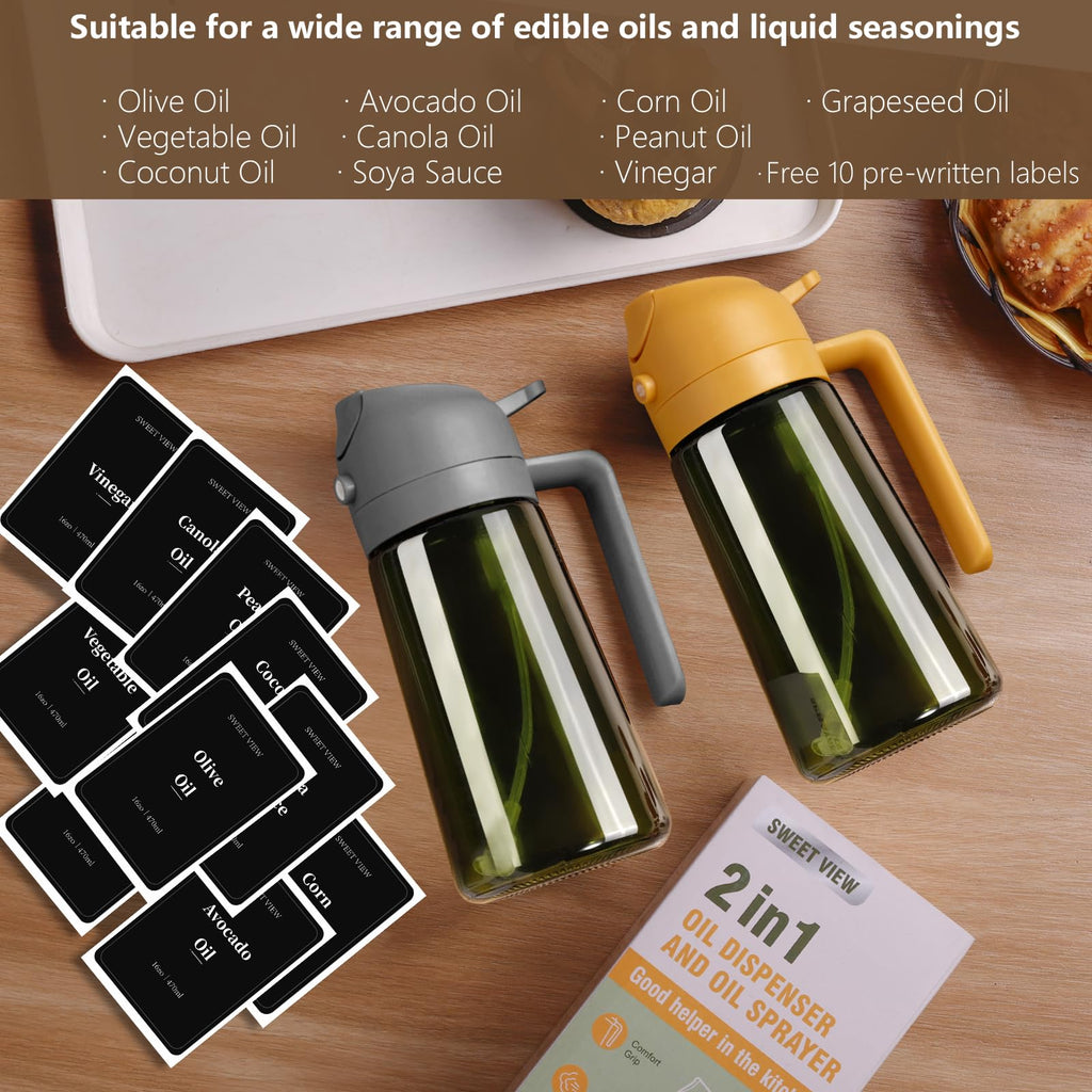 SWEET VIEW Olive Oil Dispenser and Oil Sprayer – 16oz/470ml Glass Light-Proof Oil Pourer for Kitchen, Air Fryer, Cooking, Salad, and BBQ