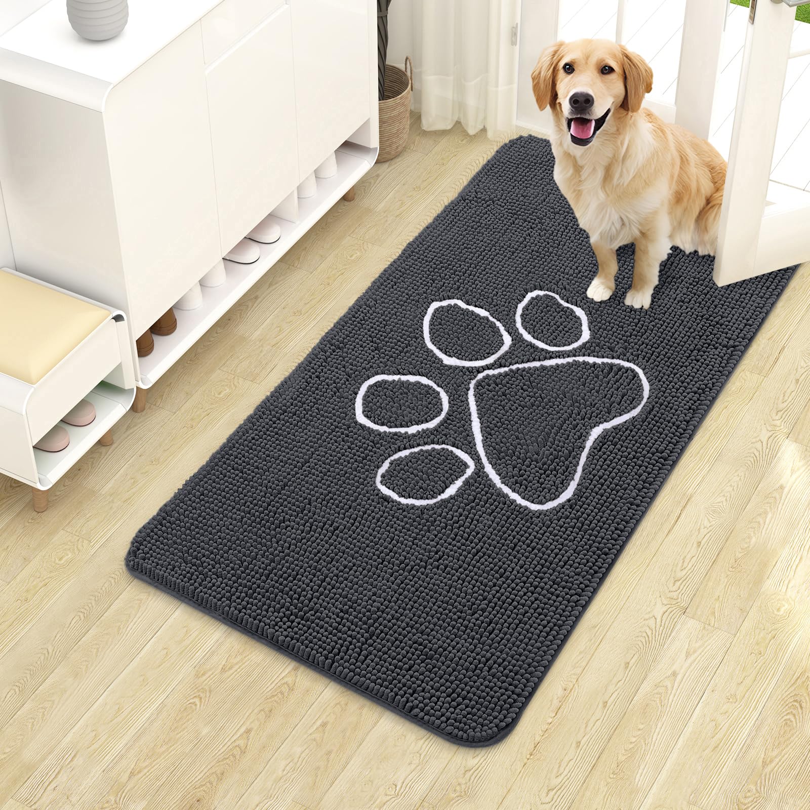 OLANLY Dog Door Mat for Muddy Paws 30x20, Absorbs Moisture and Dirt, Absorbent Non-Slip Washable Doormat, Quick Dry Chenille Mud Mat for Dogs, Entry Indoor Entryway Carpet for Inside Floor, Grey