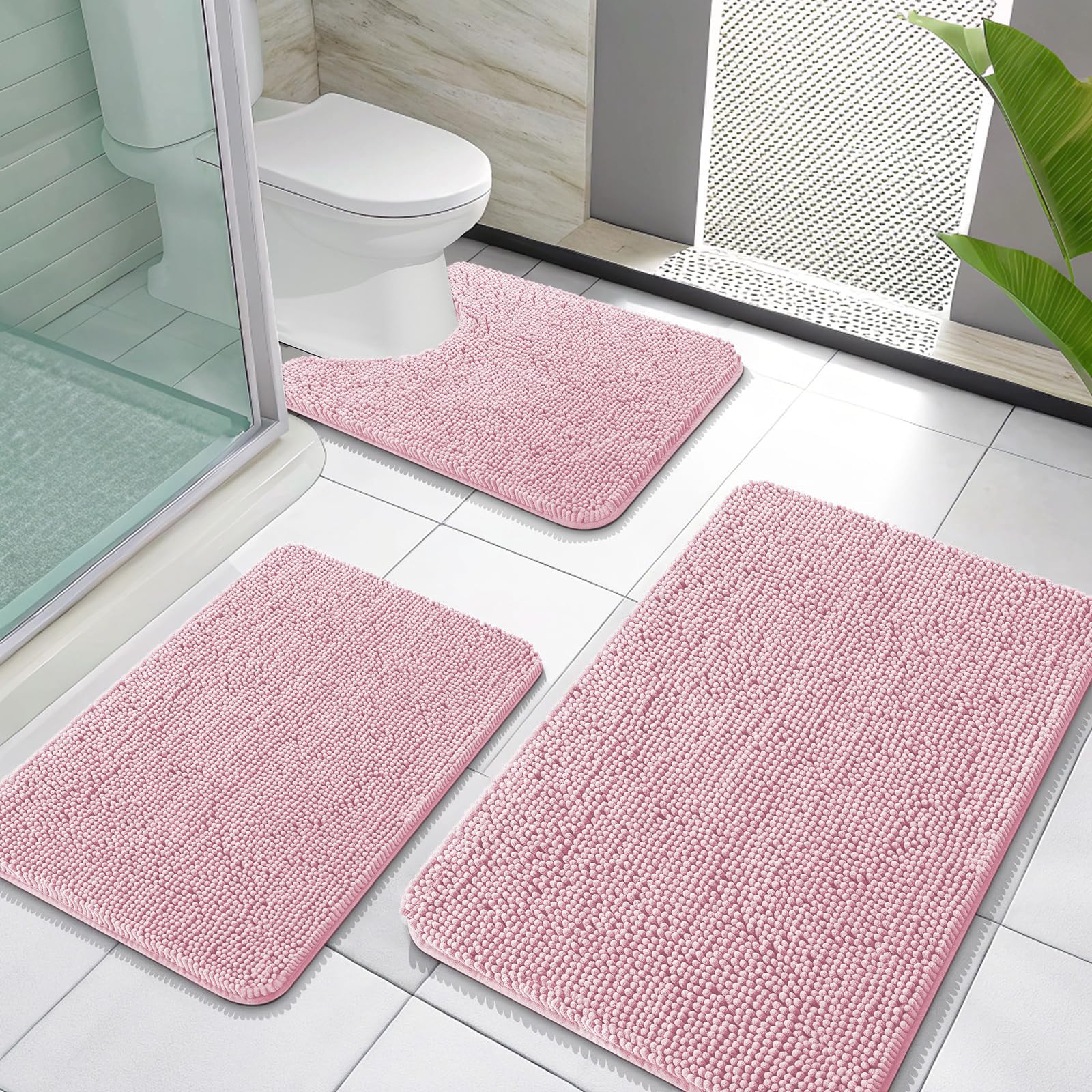 OLANLY Bathroom Rugs Sets 3 Piece, Soft Absorbent Chenille Bath Mats and U-Shaped Contour Toilet Rug, Quick Dry, Home Decor Accessories, Bath Mat Set for Bathroom (30"x20"+24"x16"+24"x20", Grey)