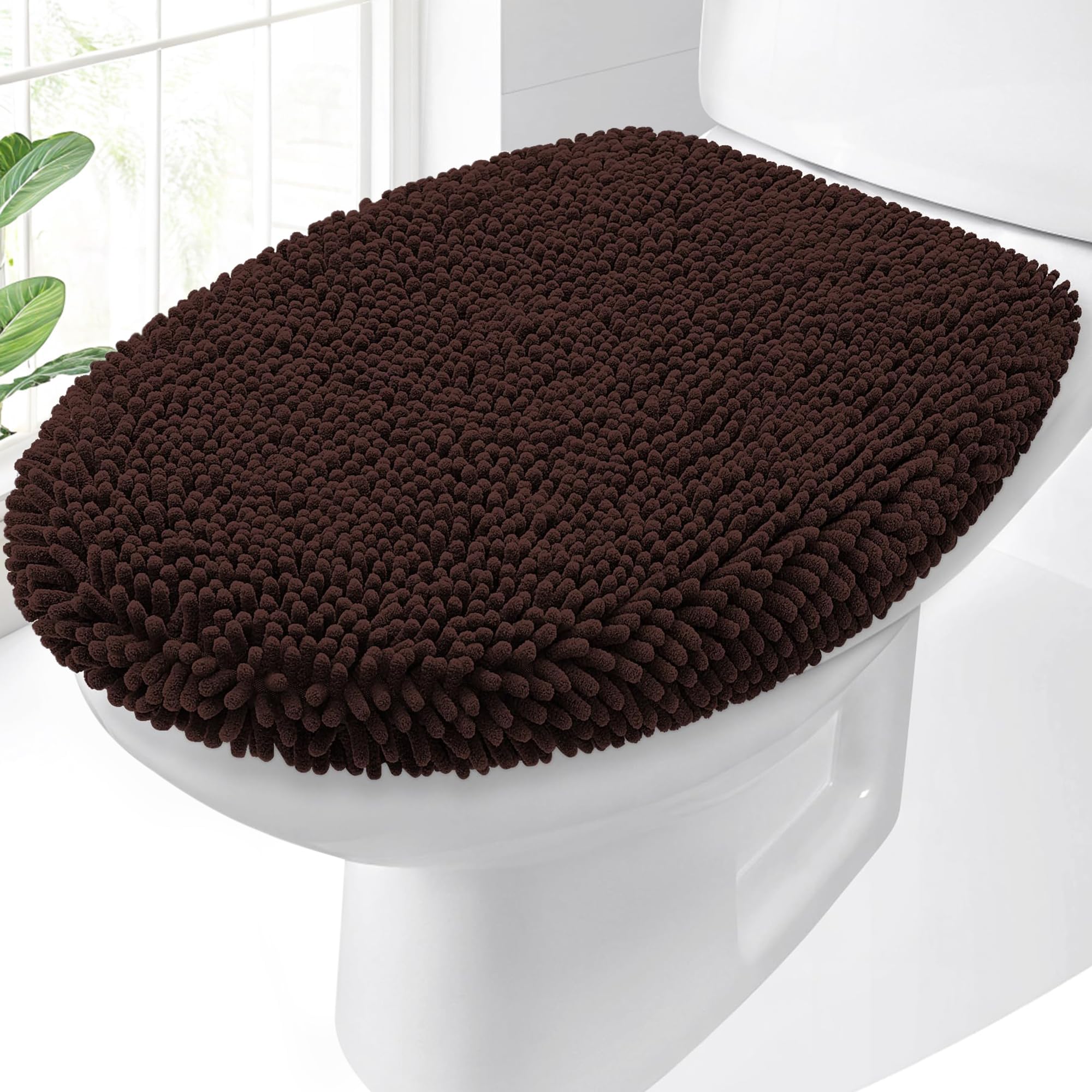 OLANLY Soft Chenille Bathroom Toilet Lid Cover, Machine Washable Seat Covers, 17.5x15, Stays in Place Rubber Backing, Fits Most Round, Elongated and Oblong Lids, Accessories Decor, Gray