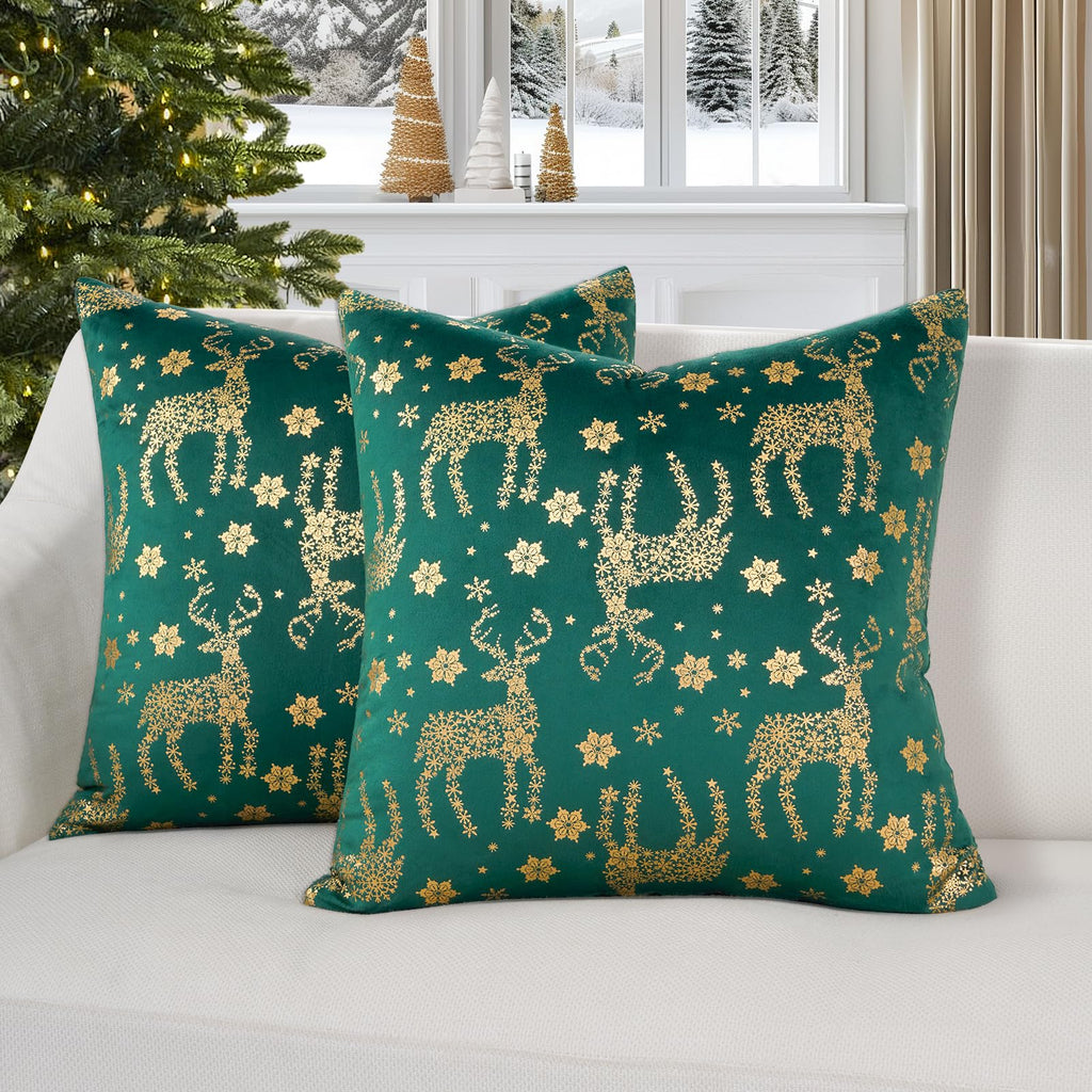Topfinel Christmas Pillow Covers 18x18 Set of 2,Xmas Cream Velvet Snowflake Reindeer Decorative Pillow Case Winter Holiday Decor for Home Couch,White and Gold