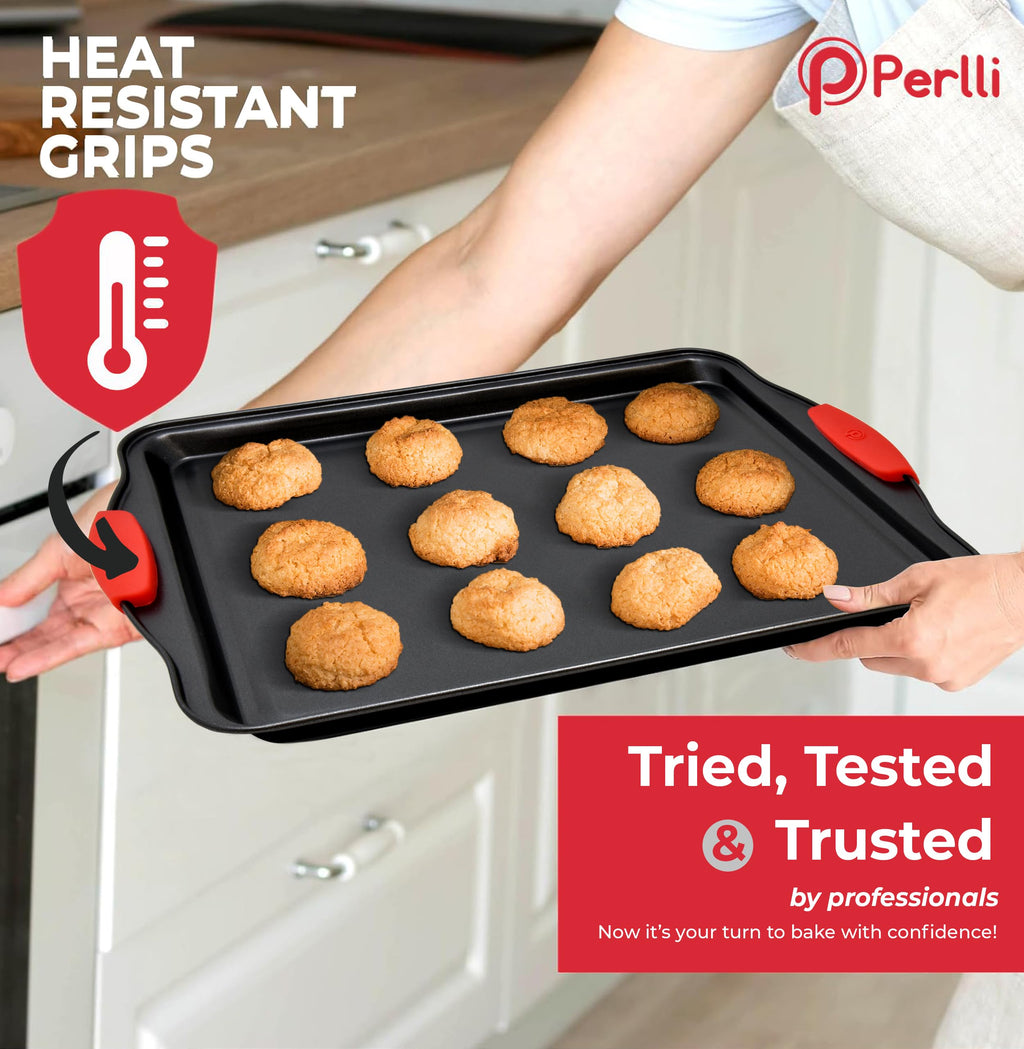 PERLLI Non-Stick 6-Piece Baking Pan Set, BPA-Free Carbon Steel Bakeware Set with Silicone Handles, Stackable Kitchen Oven Set, Cookie Sheet, Baking Tray, Baking Sheet Set, Oven Safe (446°F)