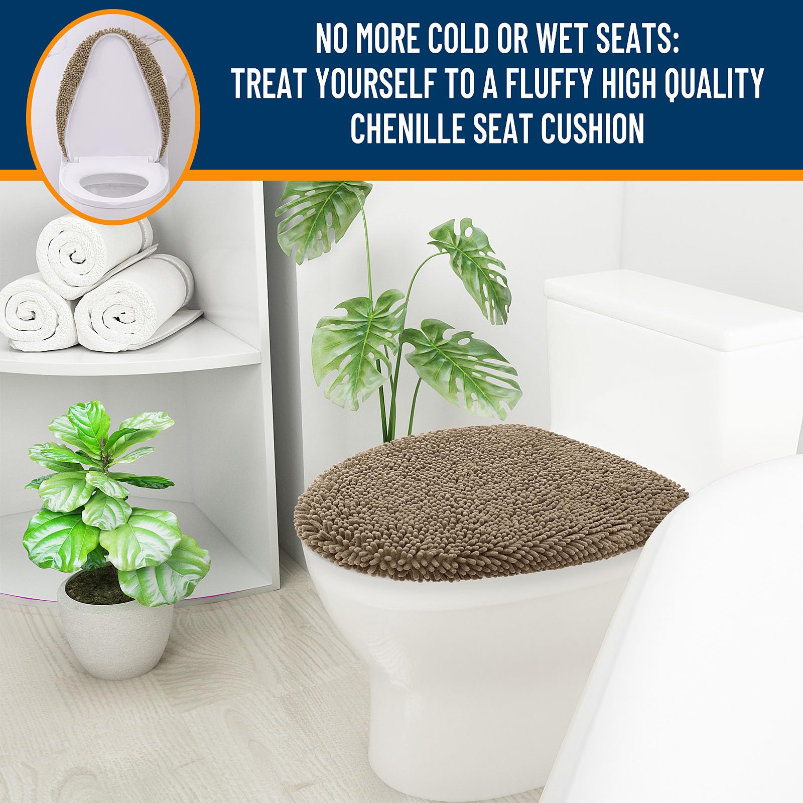 OLANLY Soft Chenille Bathroom Toilet Lid Cover, Machine Washable Seat Covers, 17.5x15, Stays in Place Rubber Backing, Fits Most Round, Elongated and Oblong Lids, Accessories Decor, Gray