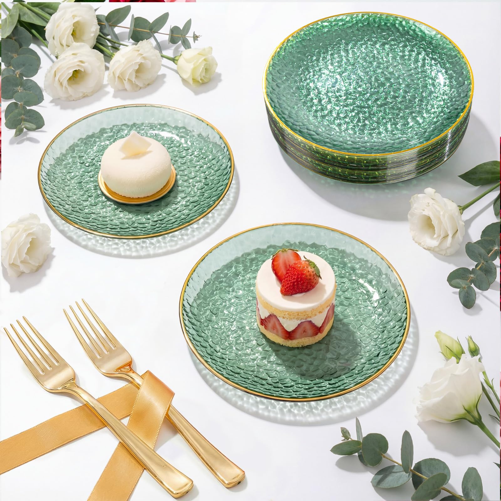 DaYammi 240Pcs Gold Plastic Plates Including 120Pcs Dessert Plates and 120Pcs Cake Forks,Hammered Party Plate,Clear Gold Appetizer plates Heavy duty Disposable Plastic Plate for Party Wedding Birthday