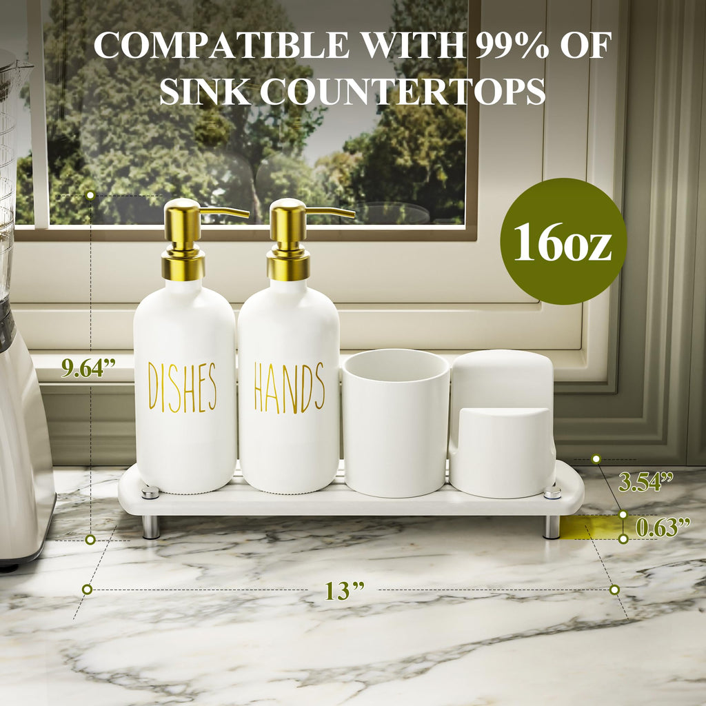 Cisily Kitchen Soap Dispenser Set Comes with Ceramics Sponge Holder, Gold Pumps, and Instant Dry Tray, Hand and Dish Soap Dispenser Set (4, Gold + White + Sponge Holder)