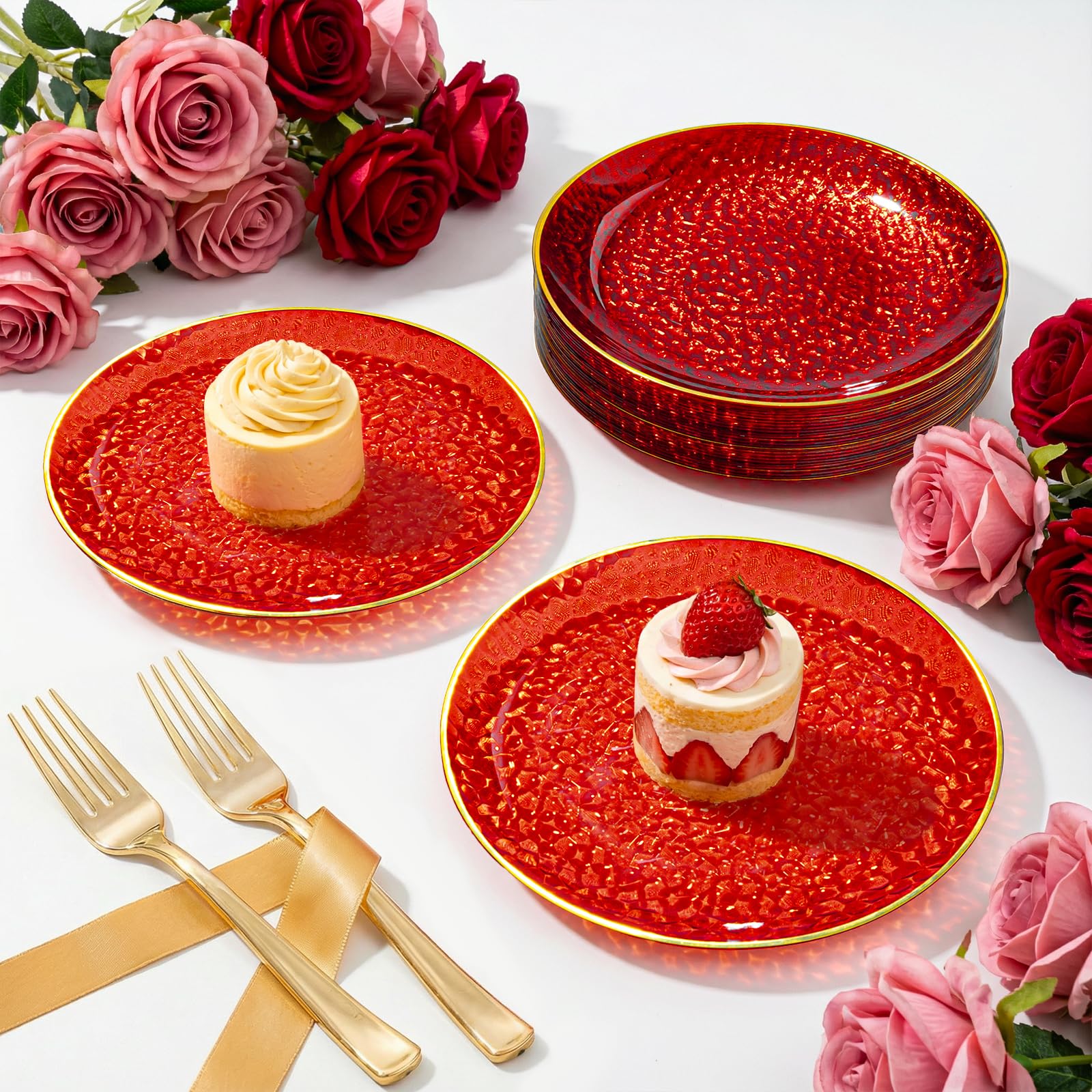 DaYammi 240Pcs Gold Plastic Plates Including 120Pcs Dessert Plates and 120Pcs Cake Forks,Hammered Party Plate,Clear Gold Appetizer plates Heavy duty Disposable Plastic Plate for Party Wedding Birthday