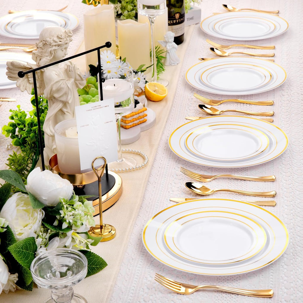 DaYammi 100 Guests Gold Plastic Dinnerware Sets, Includes: 100 Gold Rim Dinner Plates, 100 Salad Plates, 100 Gold Plastic Silverware Set, Perfect for Wedding