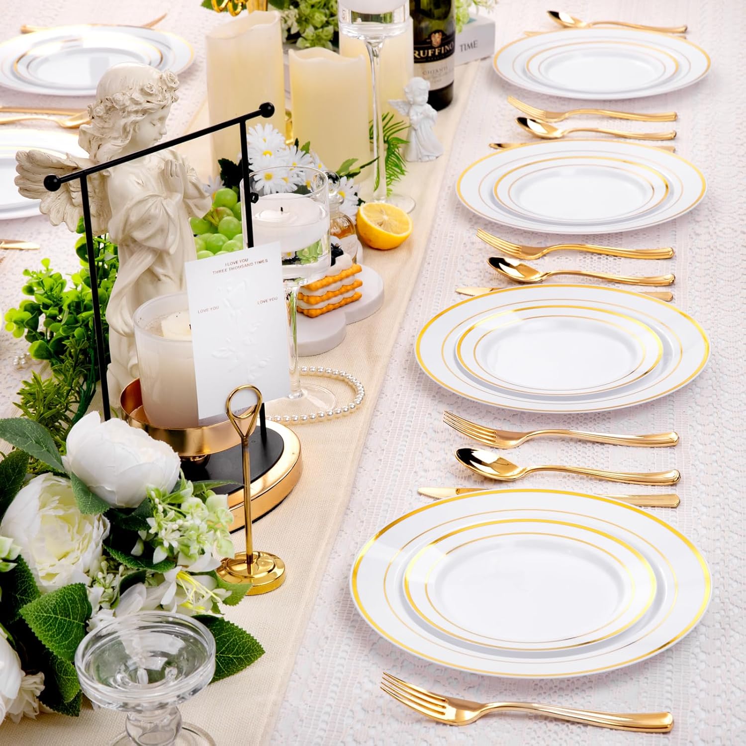 DaYammi 100 Guests Gold Plastic Dinnerware Sets, Includes: 100 Gold Rim Dinner Plates, 100 Salad Plates, 100 Gold Plastic Silverware Set, Perfect for Wedding