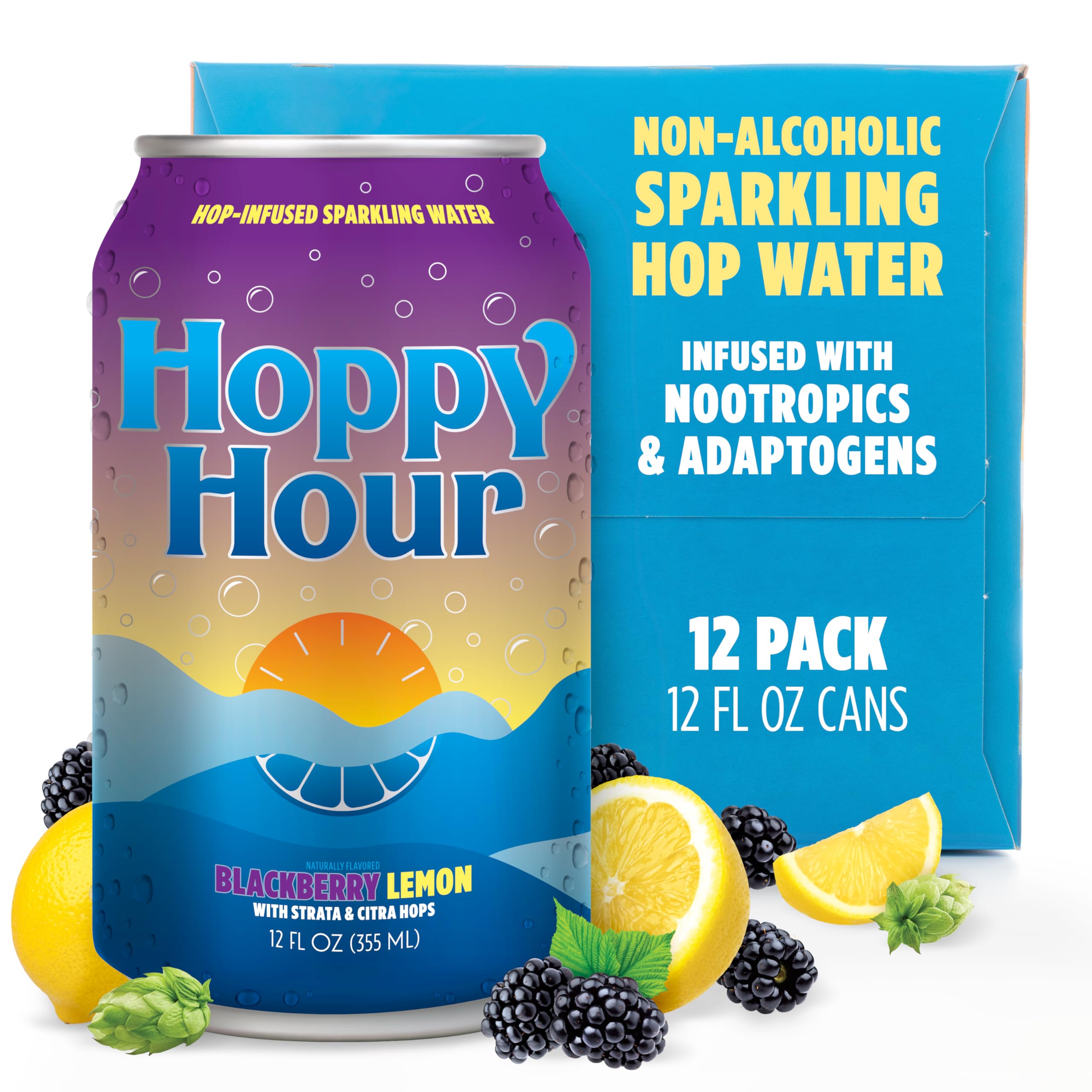 Hoppy Hour Sparkling Hop Water, Non-Alcoholic and Adaptogens Drink, Zero Sugar and Calories, Refreshing Original Citrus Flavor, 12 oz Cans (12-Pack)