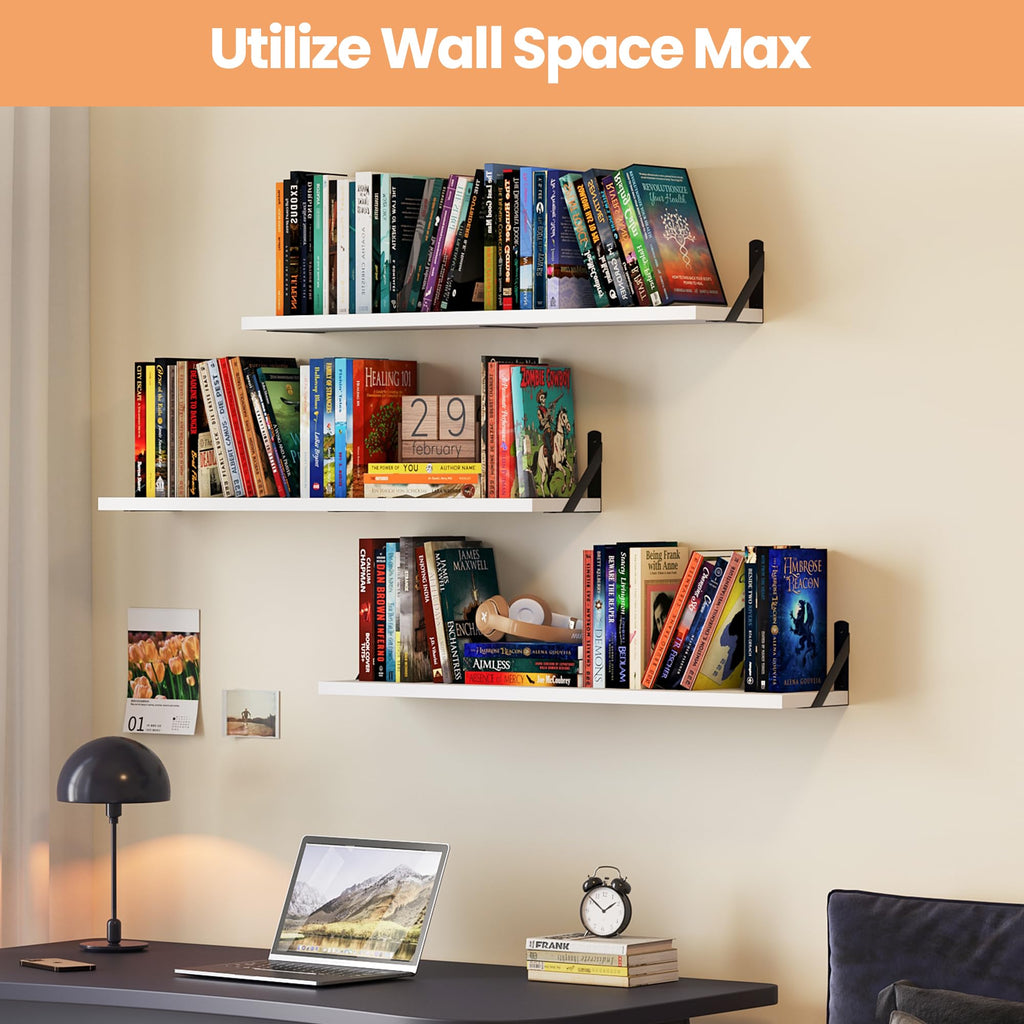 upsimples Floating Book Shelves for Wall, 15.7 Inches Wood Shelves for Living Room, Bathroom, Bedroom, Kitchen Storage and Decoration, White