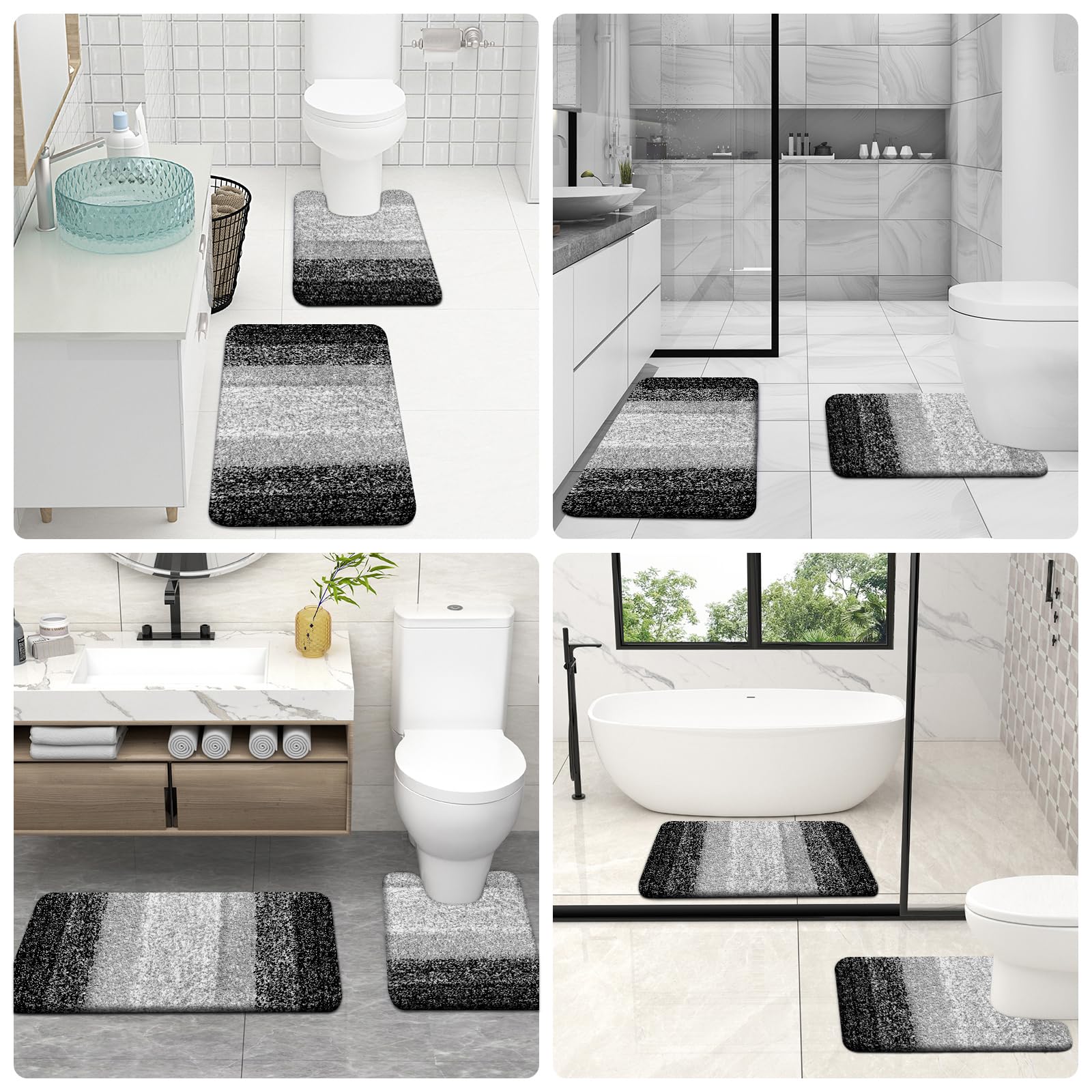 OLANLY Bathroom Rugs Sets 4 piece, Soft Microfiber Absorbent Bath Mat, U-Shaped Contour Toilet Mat and Toilet Lid Cover, Quick Dry, Machine Washable, Toilet Cover and Rug Set for Bathroom, Grey