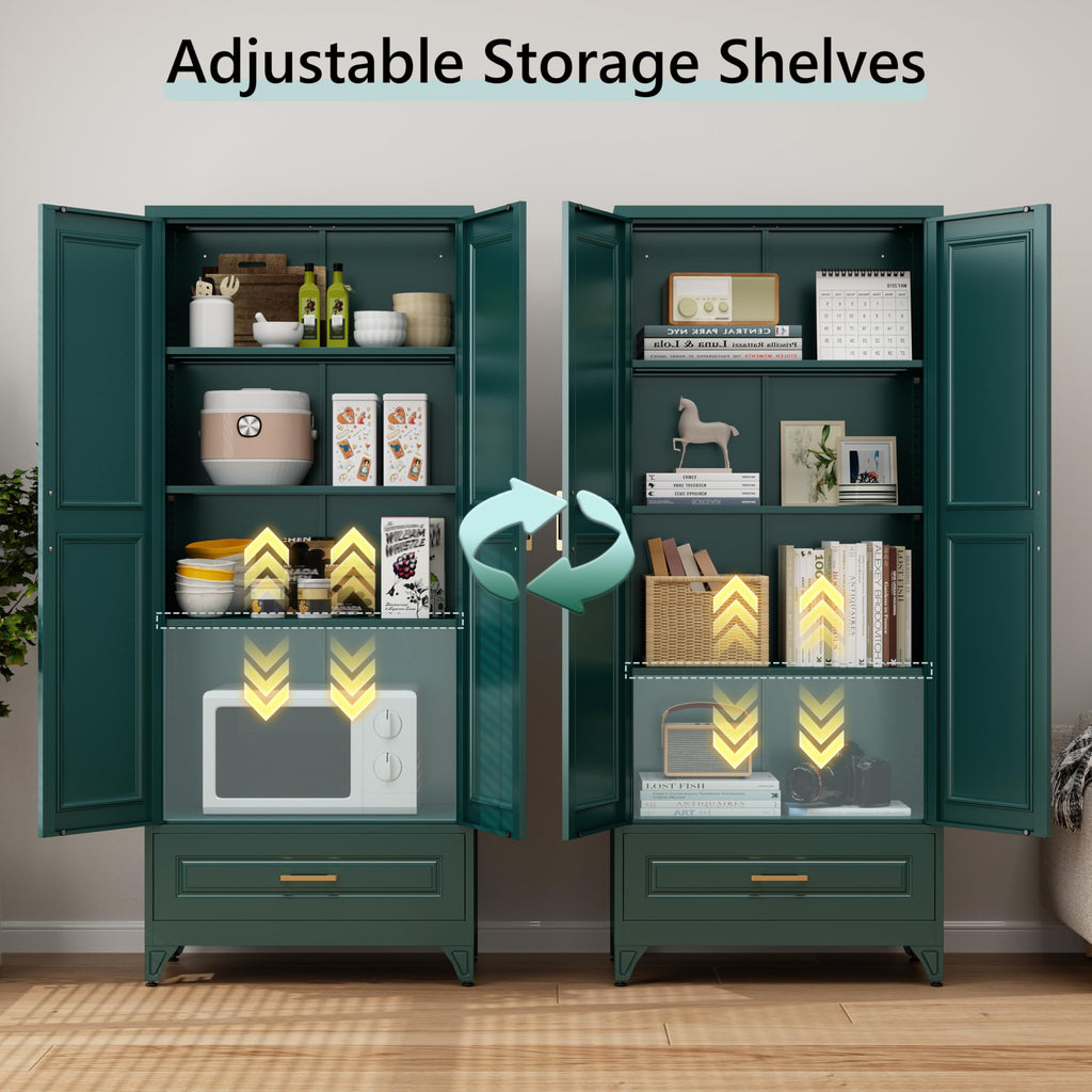 75" Tall Metal Kitchen Storage Cabinet,White Kitchen Pantry Storage Cabinet with Doors and 4 Adjustable Shelves,Utility Cabinet for Living Room,Garage,Dining Room and Office,Assemble Required