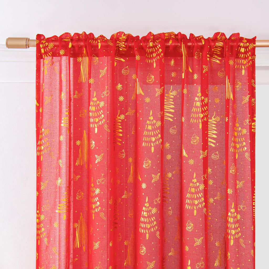 Topfinel Red Christmas Decorations for Home, Sheer Curtains 84 Inch Length for Kids/Living Room 2 Panels Set, Christmas Bells, Snowflake, Santa Claus, Xmas Ball for Cortinas De Navidad Decor