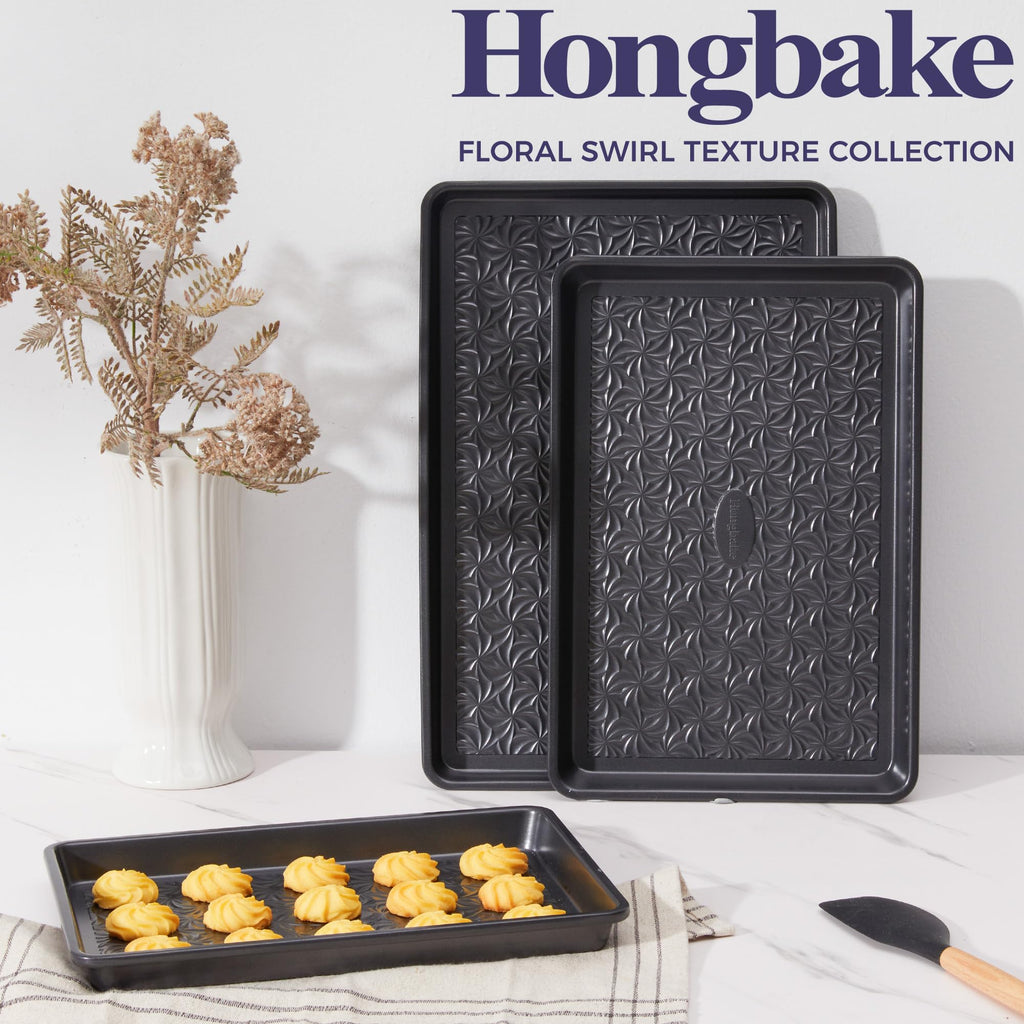HONGBAKE Nonstick Baking Sheet Pan Set of 3, Cookie Sheets for Oven, Non-Toxic Half/Quarter/Jelly Roll Pans with Floral Swirl Texture, Heavy Duty 0.8mm Thick Oven Trays for Cooking, Dark Gray