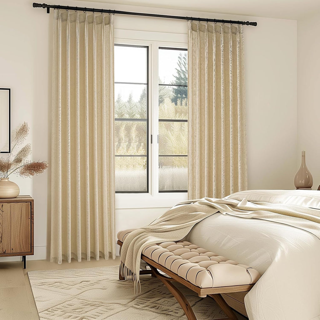 Topfinel Natural Linen Pinch Pleated Curtains 100 Inch Length 2 Panels for Bedroom,Textured Linen Farmhouse Boho Semi Sheer Window Curtain Back Tab Pinch Pleat Drapes with Hooks 100 Inches Long