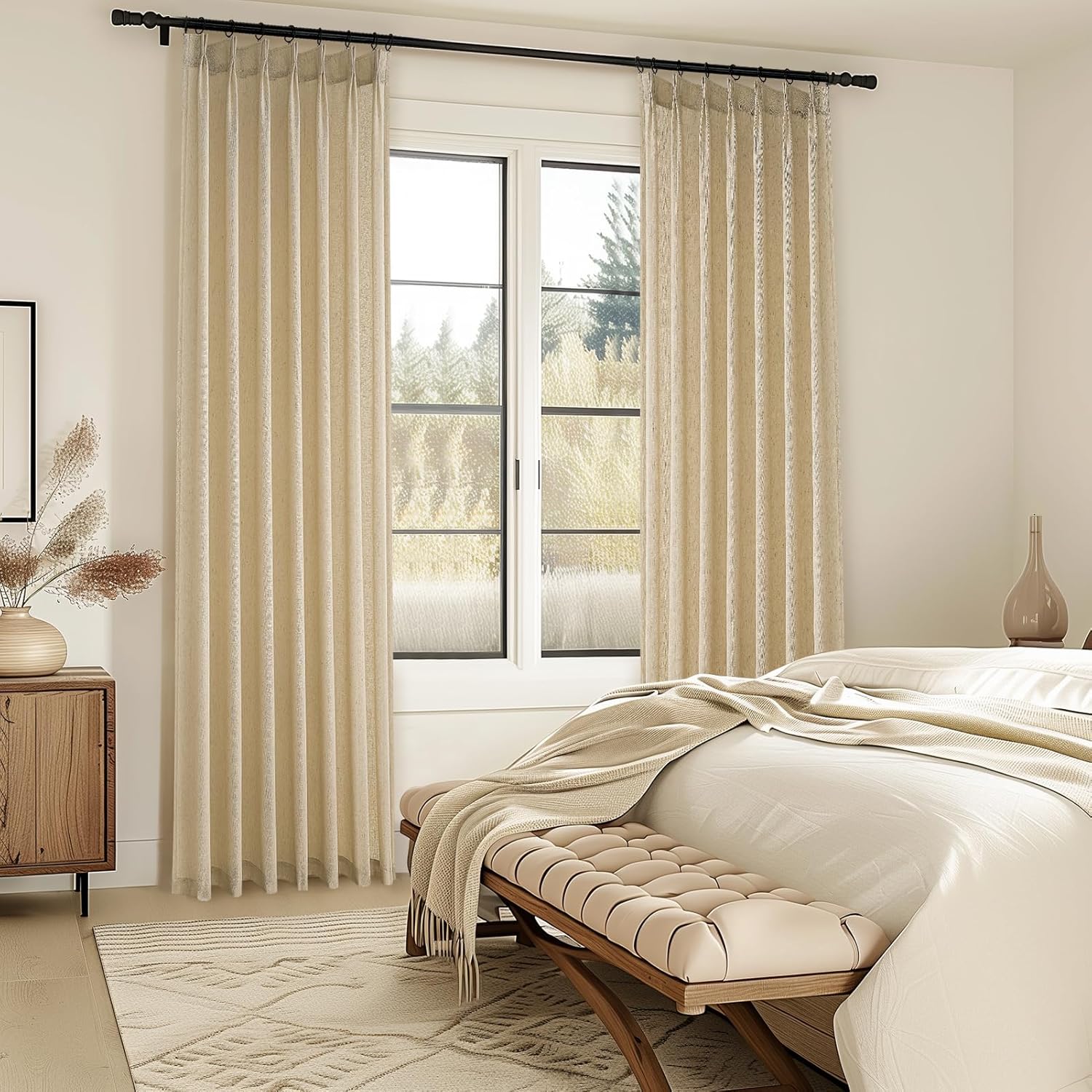 Topfinel Natural Linen Pinch Pleated Curtains 100 Inch Length 2 Panels for Bedroom,Textured Linen Farmhouse Boho Semi Sheer Window Curtain Back Tab Pinch Pleat Drapes with Hooks 100 Inches Long