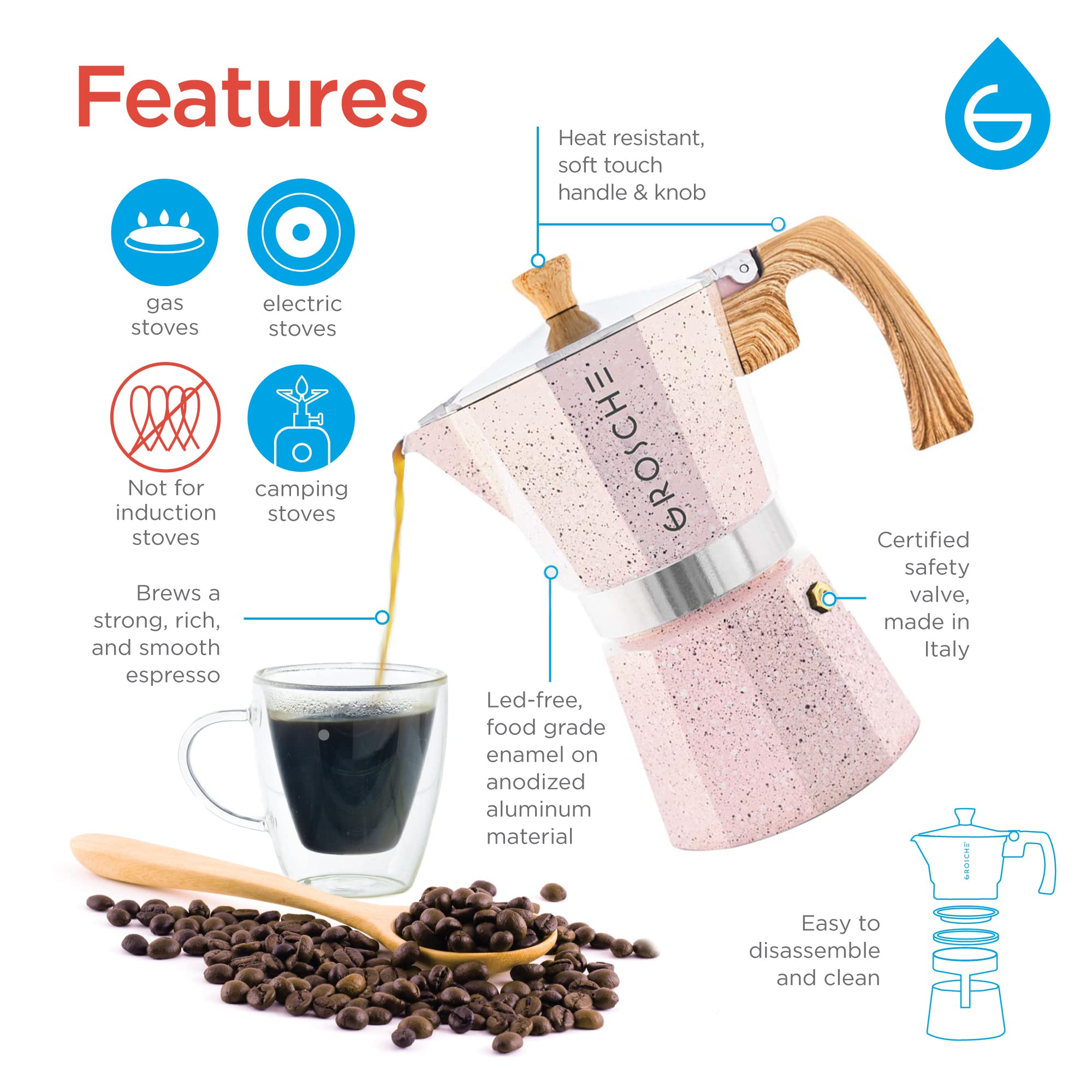 GROSCHE Milano Moka pot, Stovetop Espresso maker, Greca Coffee Maker, Stovetop coffee maker and espresso maker percolator (Grey, 6 cup)