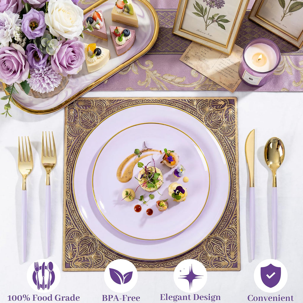 DaYammi 150Pcs Gold Plastic Plates with Disposable Silverware,White Gold Disposable Dinnerware Set - 30 Dinner Plate,30 Dessert Plate,90 Gold Cutlery with White Handles,Fancy Plates for Party Wedding