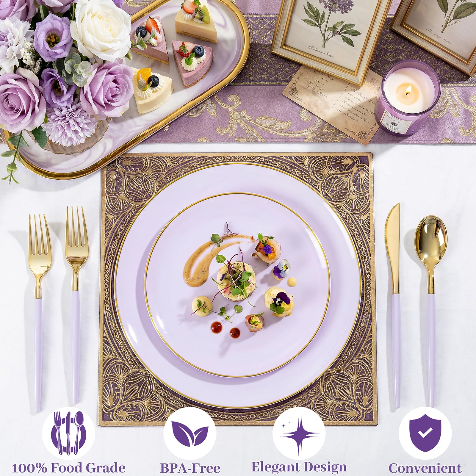 DaYammi 150Pcs Gold Plastic Plates with Disposable Silverware,White Gold Disposable Dinnerware Set - 30 Dinner Plate,30 Dessert Plate,90 Gold Cutlery with White Handles,Fancy Plates for Party Wedding