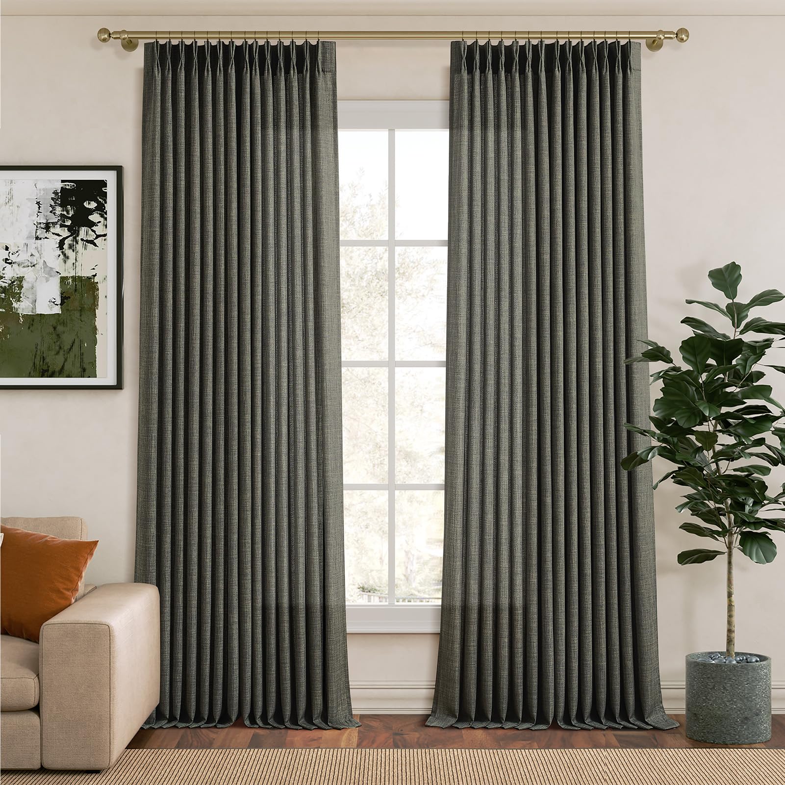 Pinch Pleated Linen Curtains 96 Inches Extra Long Olive Green Drapes, Thick Linen Light Filtering Memory Trained Pleat Curtain for Living Room and Bedroom Privacy 2 Panels Texture with Back Tab