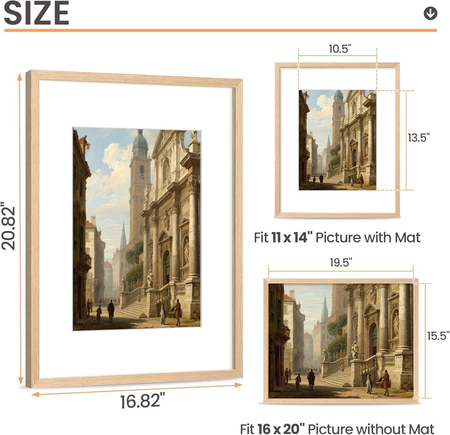 upsimples 16x20 Frames Set of 3, Natural Solid Wooden Picture Frames, Display 11x14 with Mat or 16 x 20 Without for Vertical or Horizontal Wall Hanging
