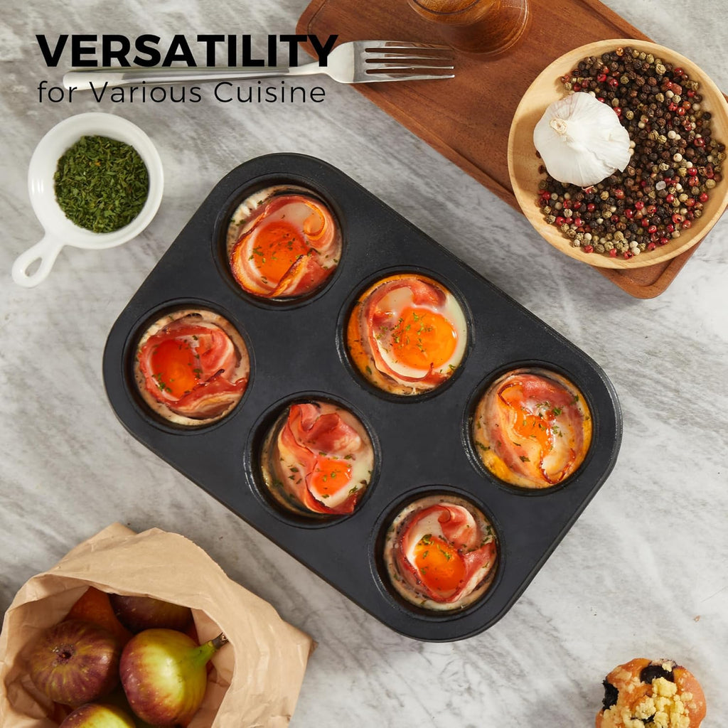 HONGBAKE Cast Iron Muffin Pan, Natural Uncoated Pre-Seasoned Muffin Tin, Nonstick Cupcake Pans for Baking, Stovetop & Oven Safe, Standard Size 6-Cup